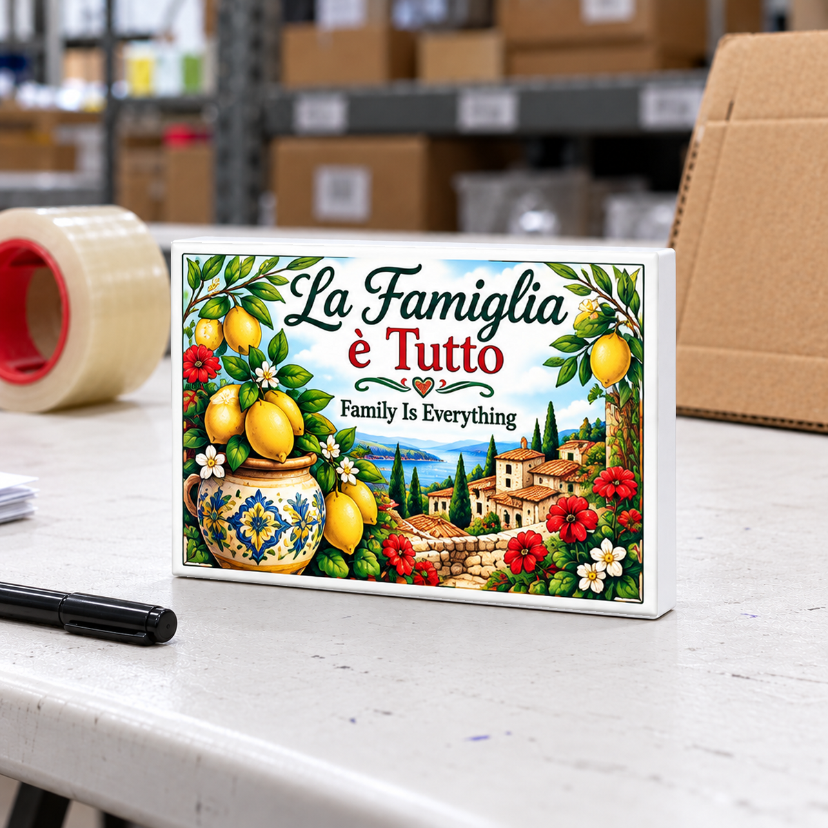 Italian Heritage – La Famiglia è Tutto – Family Is Everything magnet and mini sign on a white folding warehouse table.