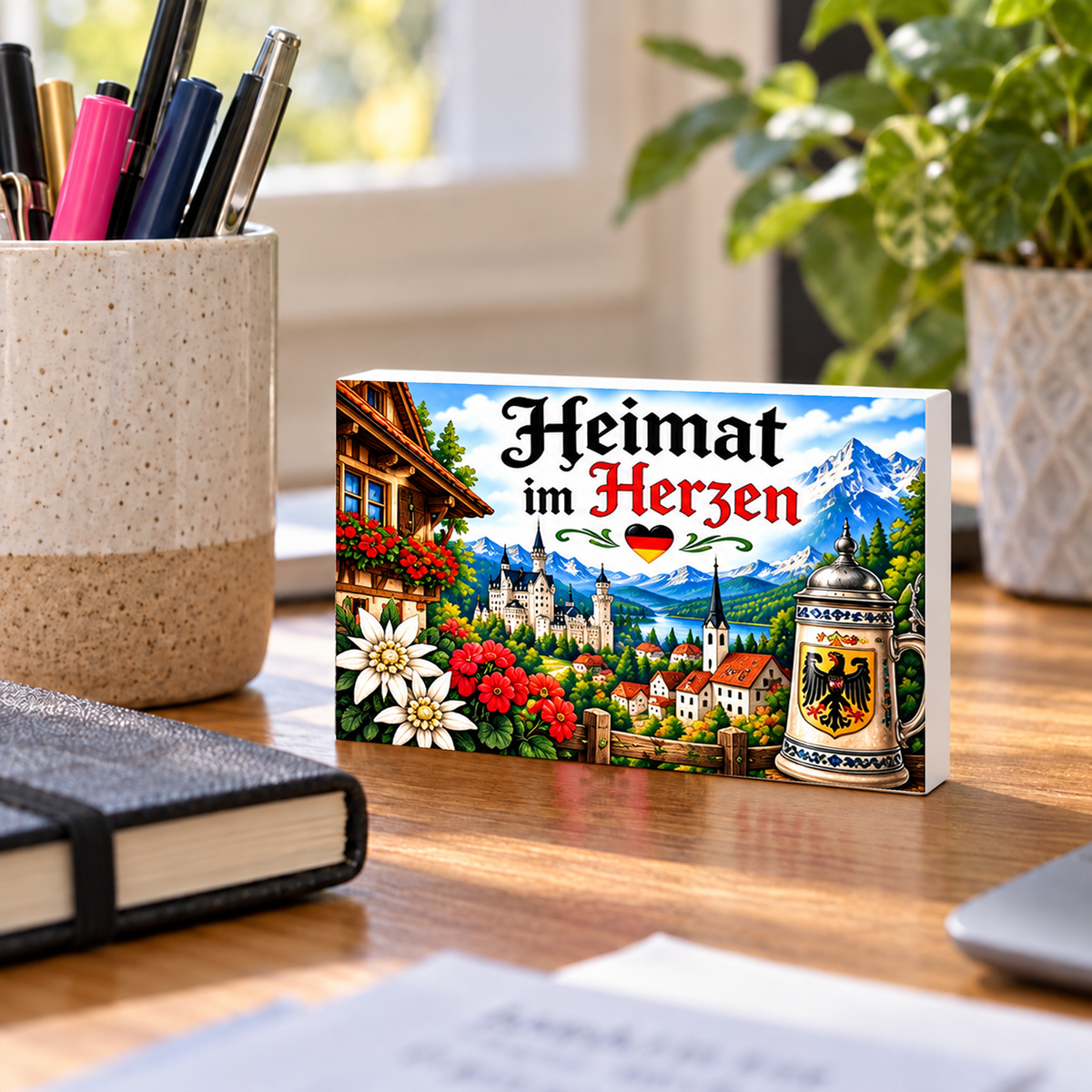 Heimat im Herzen German Heritage mini sign standing on a desk.