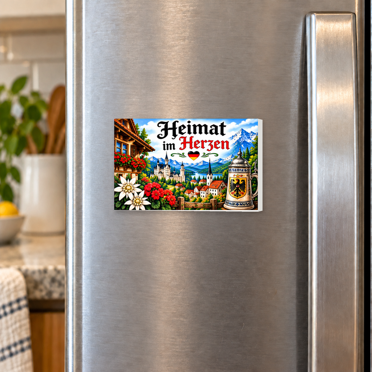 Heimat im Herzen German Heritage rectangular magnet on a refrigerator.