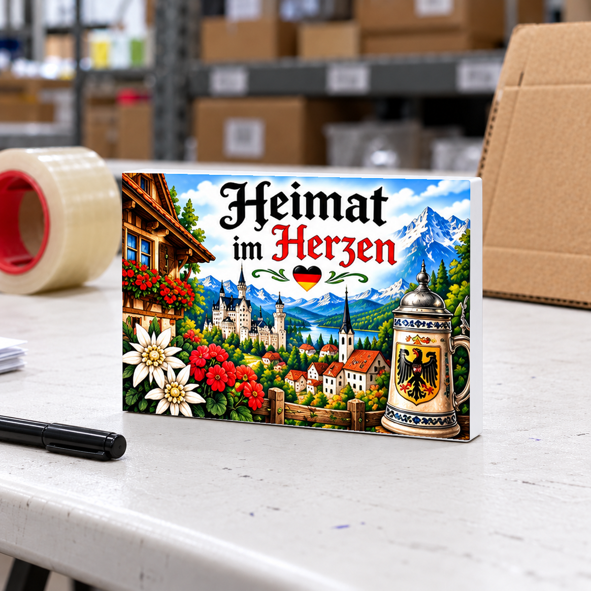 Heimat im Herzen German Heritage mini sign on a used white plastic folding table in a warehouse packing area.