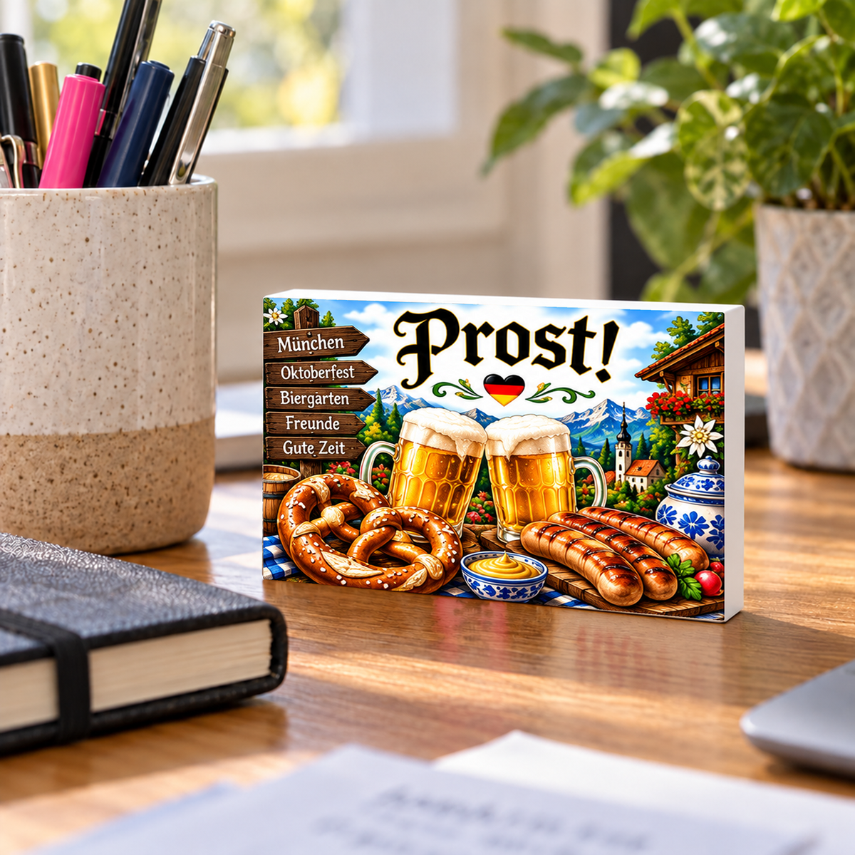 Prost! German Food mini sign standing on a desk.