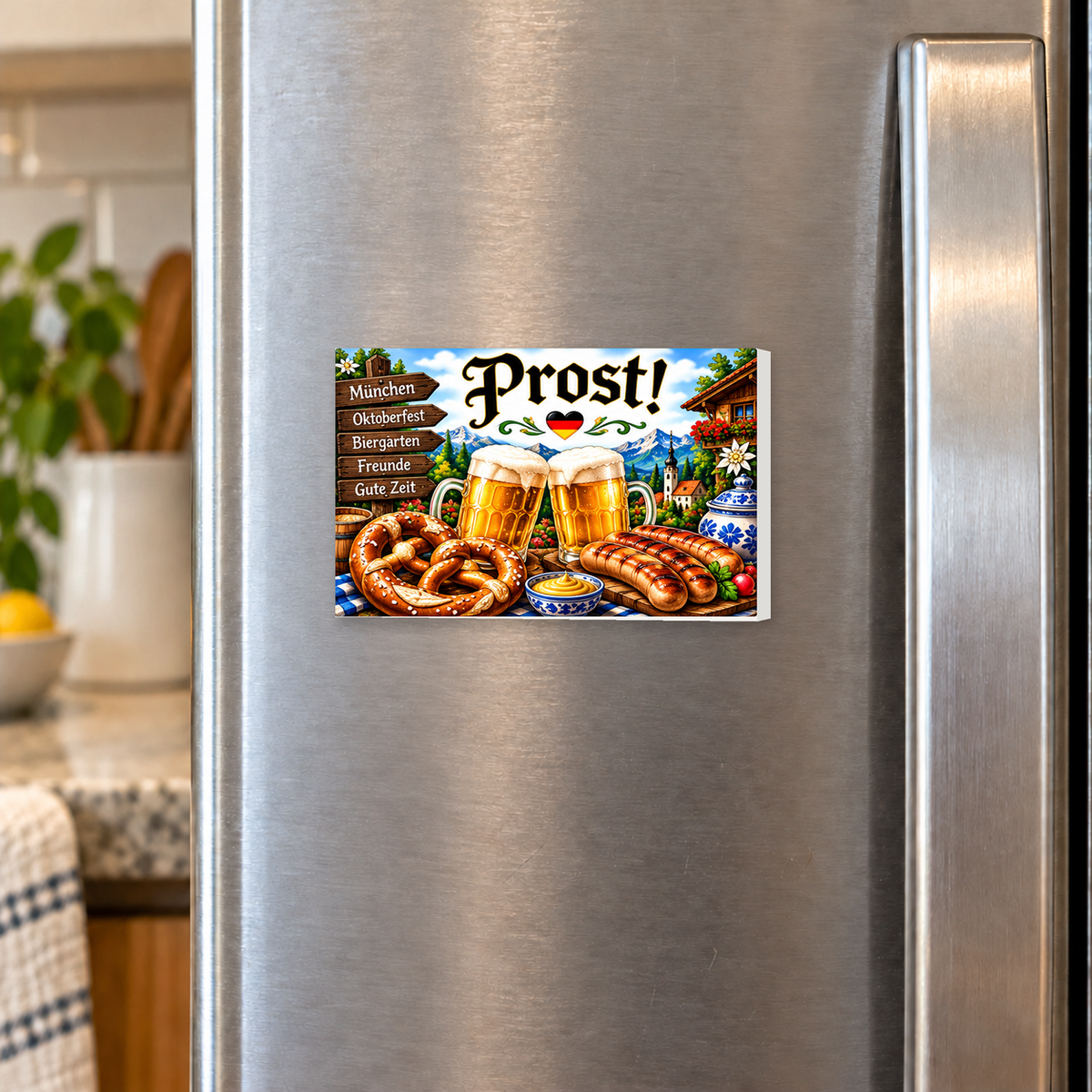 Prost! German Food rectangular magnet on a refrigerator.