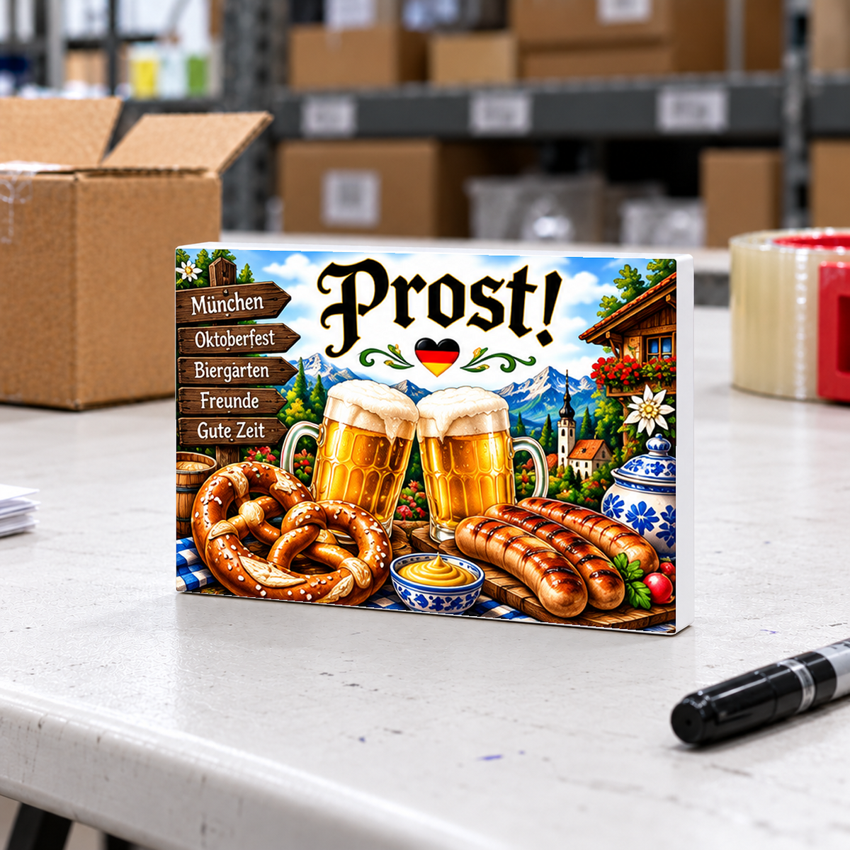 Prost! German Food mini sign on a used white plastic folding table in a warehouse packing area.
