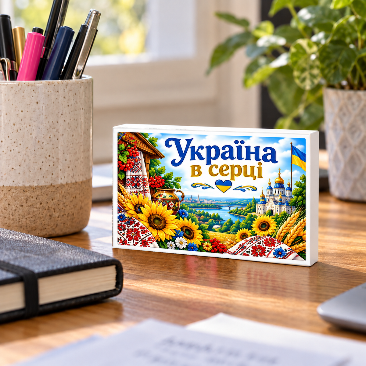 Ukrainian Heritage – Україна в серці – Ukraine in My Heart mini sign standing on a desk with white PVC edges.