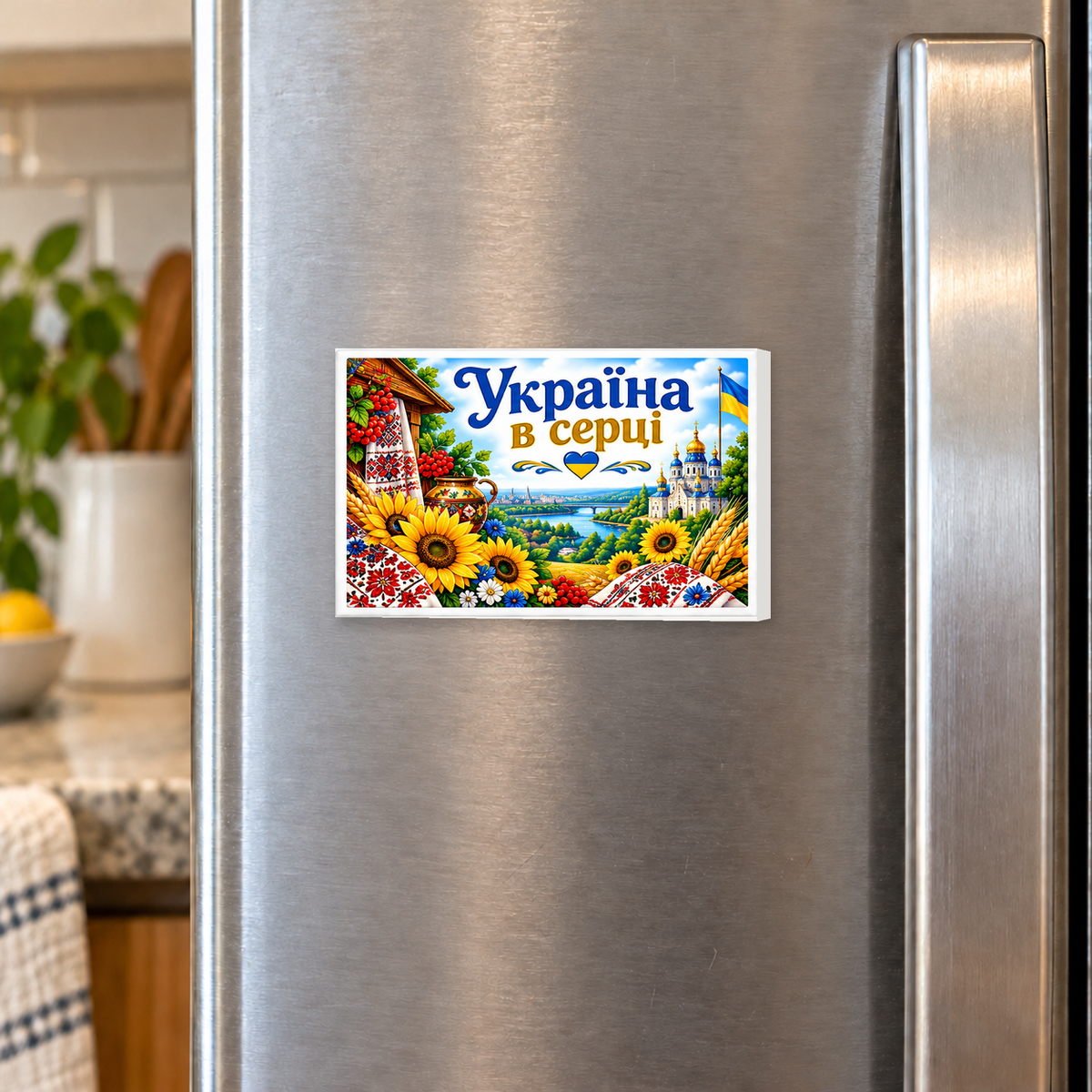 Ukrainian Heritage – Україна в серці – Ukraine in My Heart rectangular magnet shown front-facing on a refrigerator.