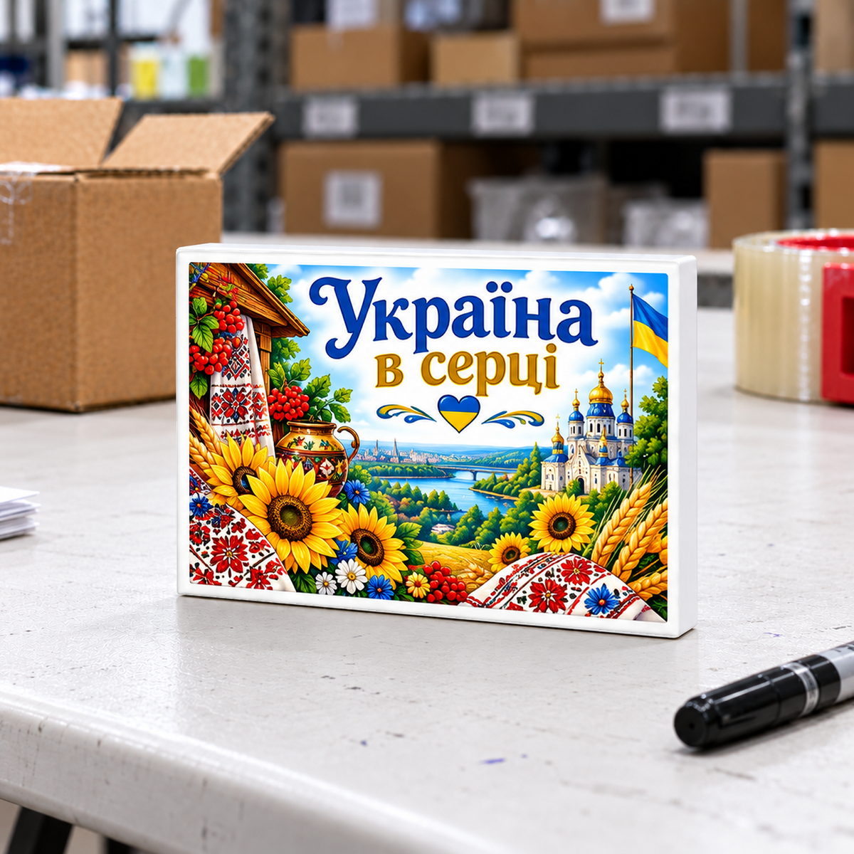 Ukrainian Heritage – Україна в серці – Ukraine in My Heart magnet and mini sign on a white folding warehouse table.