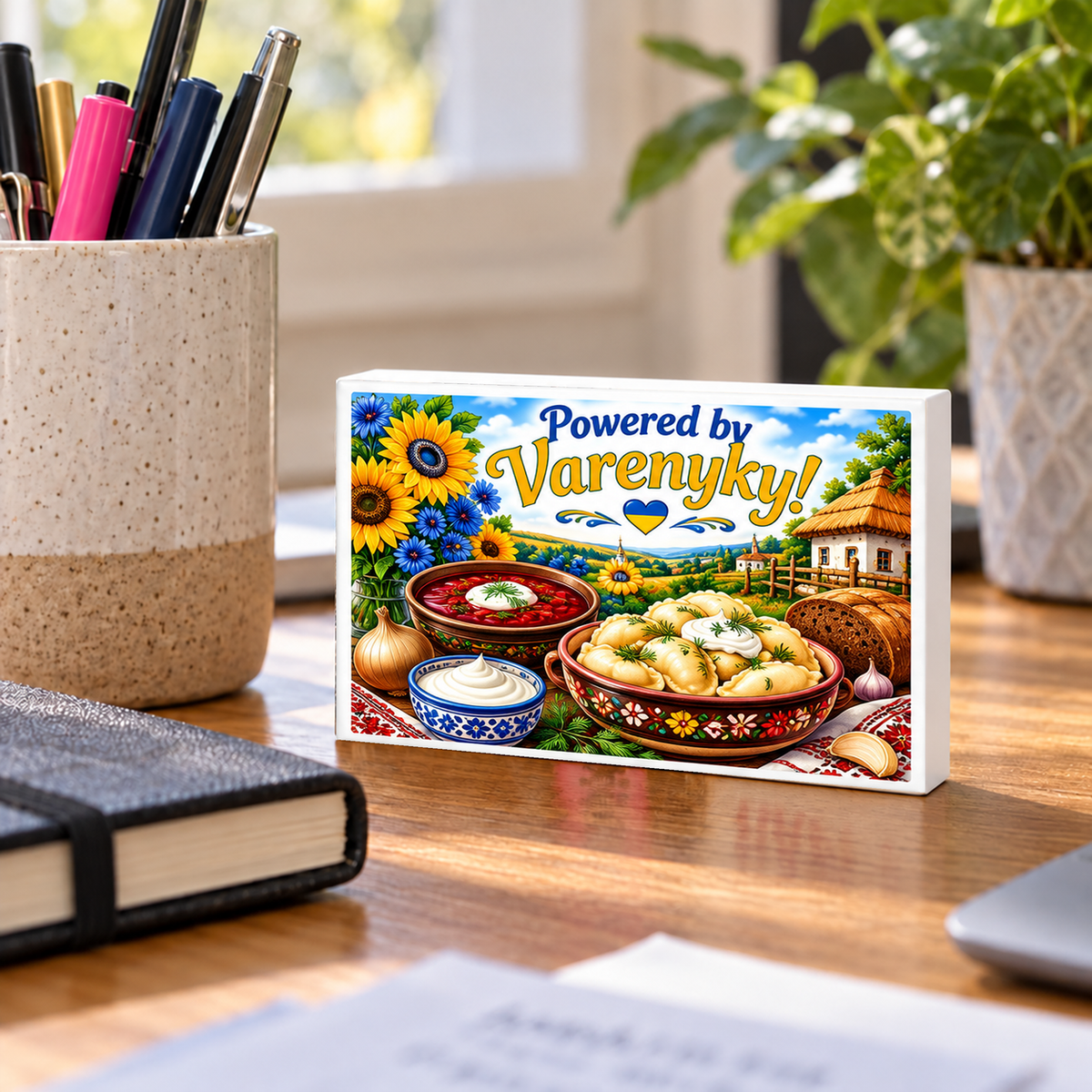 Ukrainian Food – Powered by Varenyky! mini sign standing on a desk with white PVC edges.