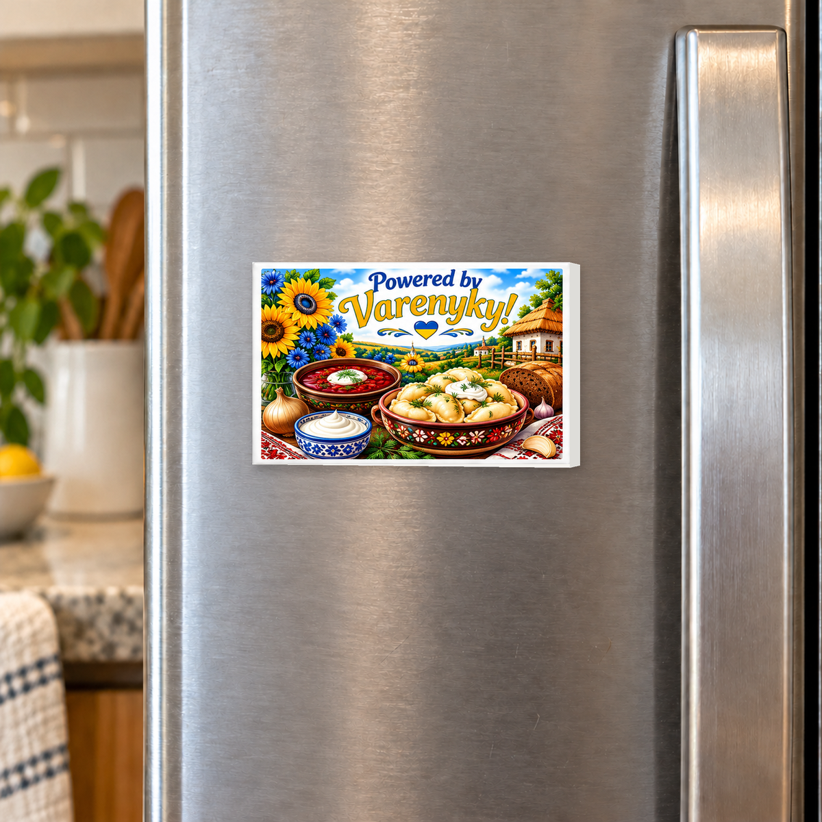 Ukrainian Food – Powered by Varenyky! rectangular magnet shown front-facing on a refrigerator.