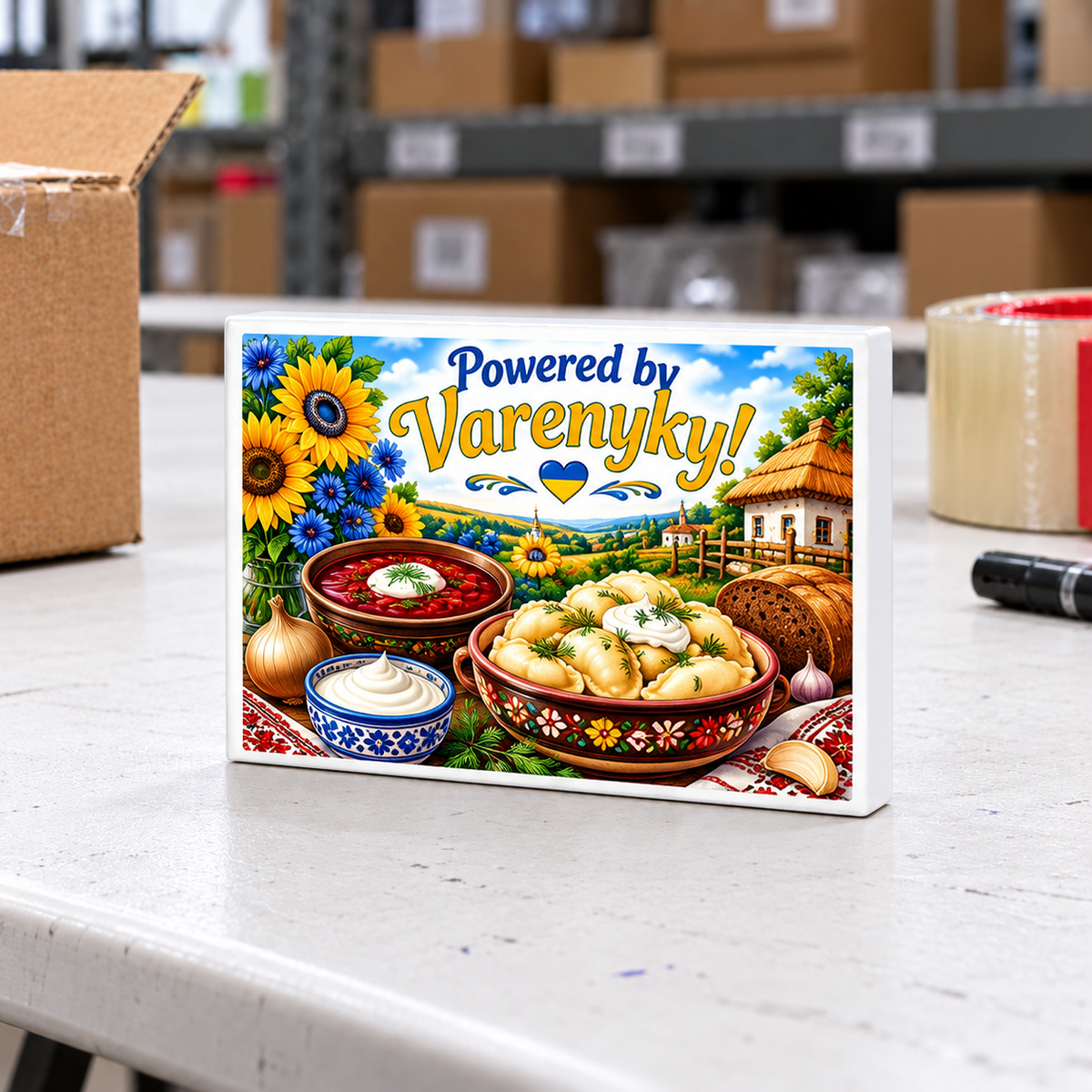 Ukrainian Food – Powered by Varenyky! magnet and mini sign on a white folding warehouse table.