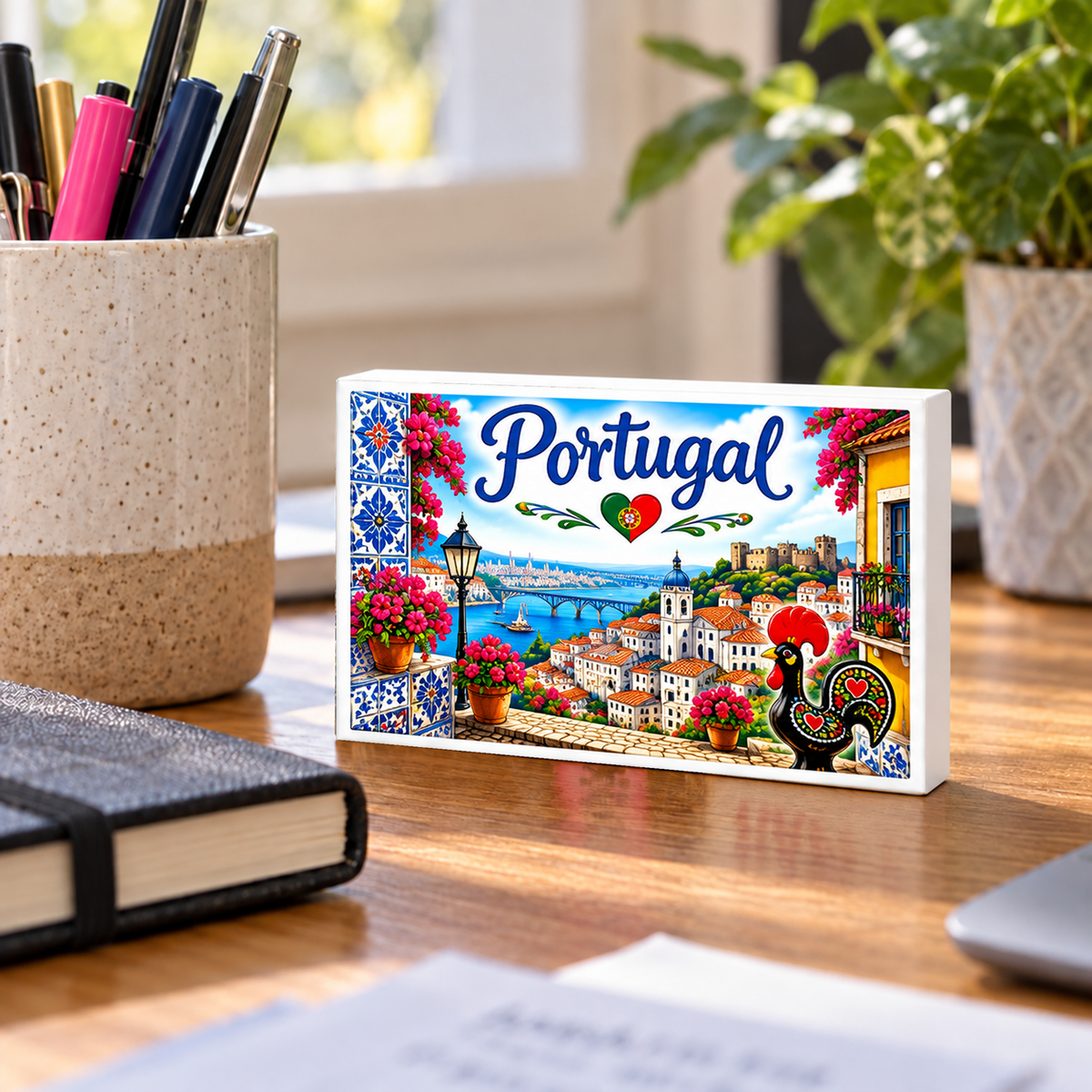 Portuguese Heritage – Portugal – Azulejo Tile Folk Art mini sign standing on a desk with white PVC edges.