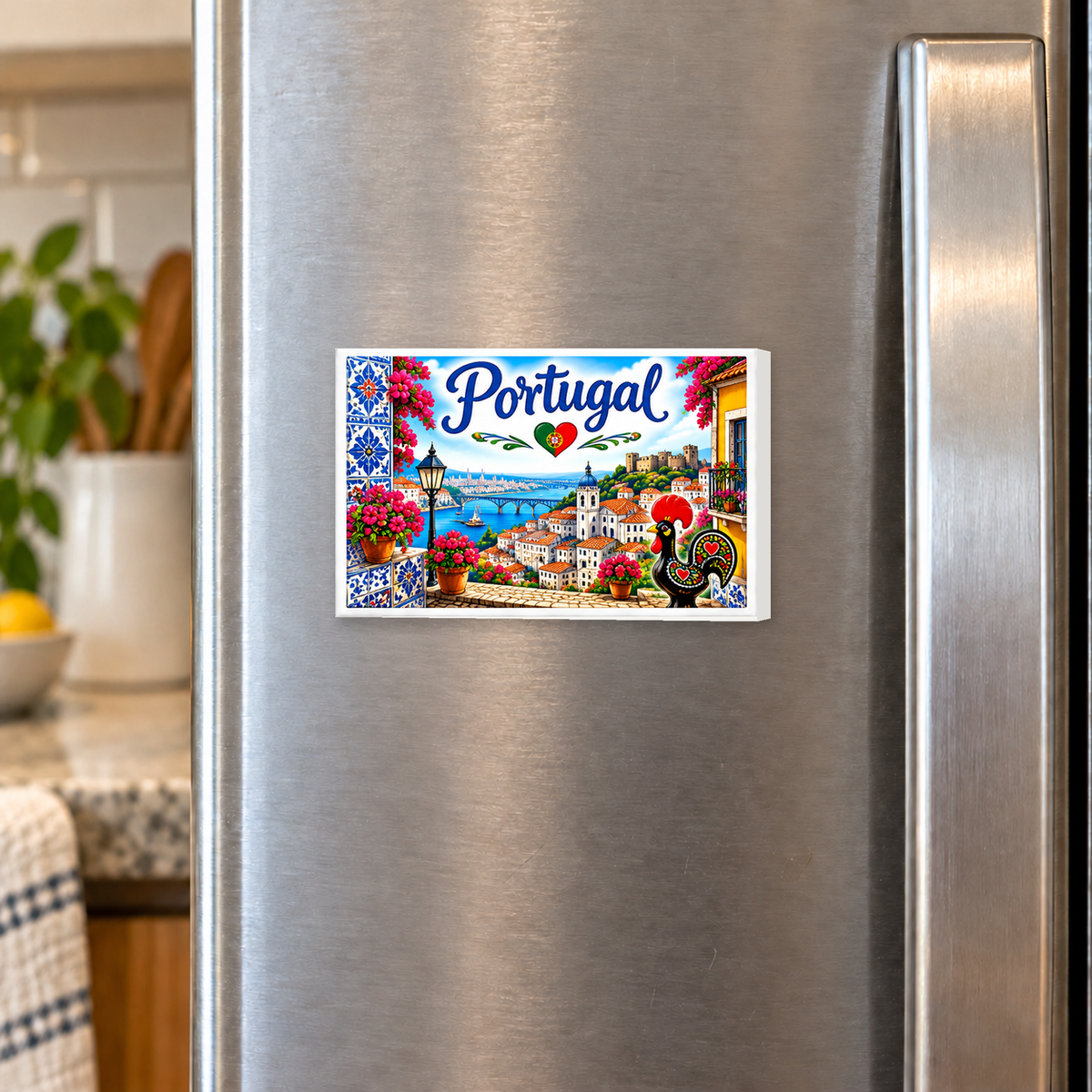 Portuguese Heritage – Portugal – Azulejo Tile Folk Art rectangular magnet shown front-facing on a refrigerator.