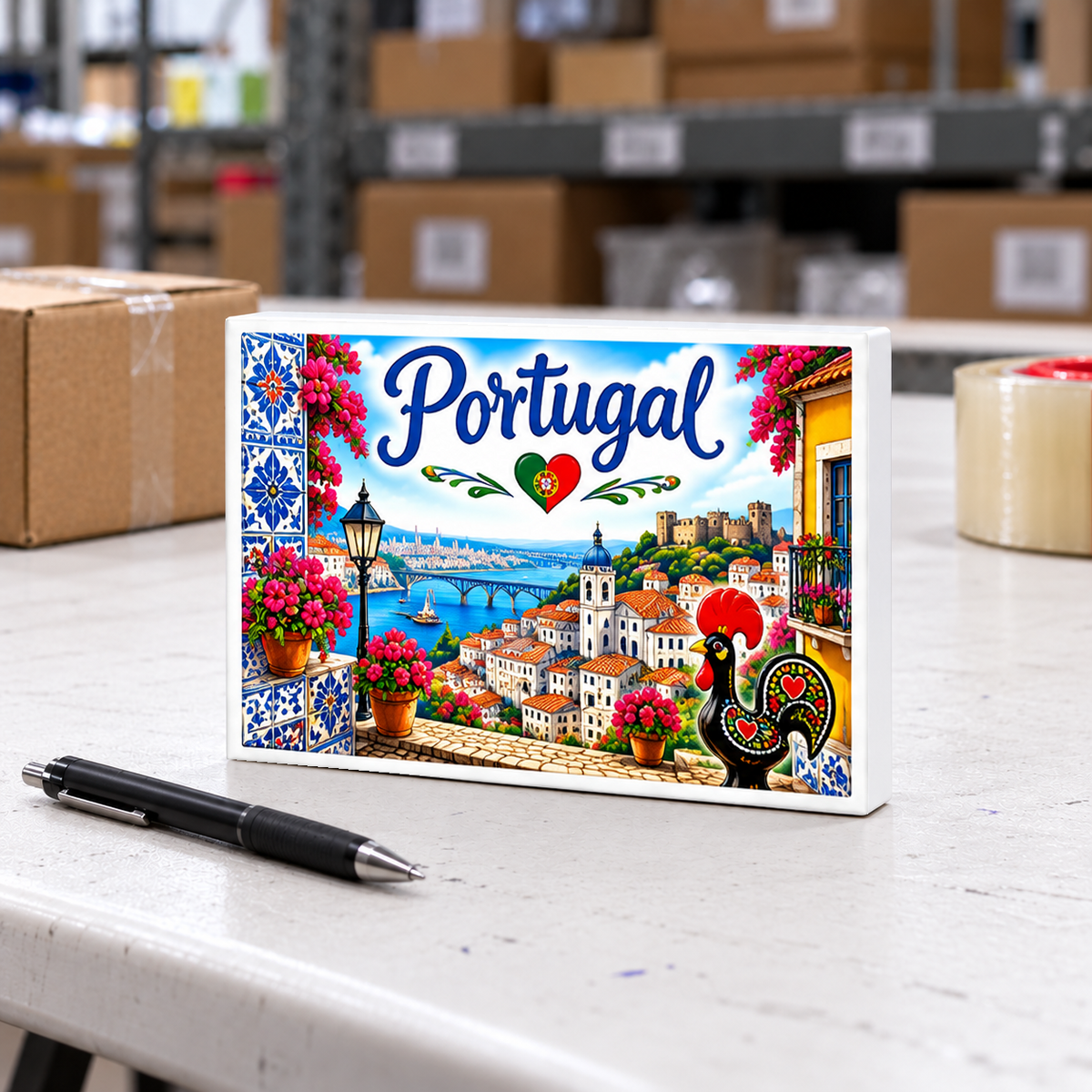 Portuguese Heritage – Portugal – Azulejo Tile Folk Art magnet and mini sign on a white folding warehouse table.