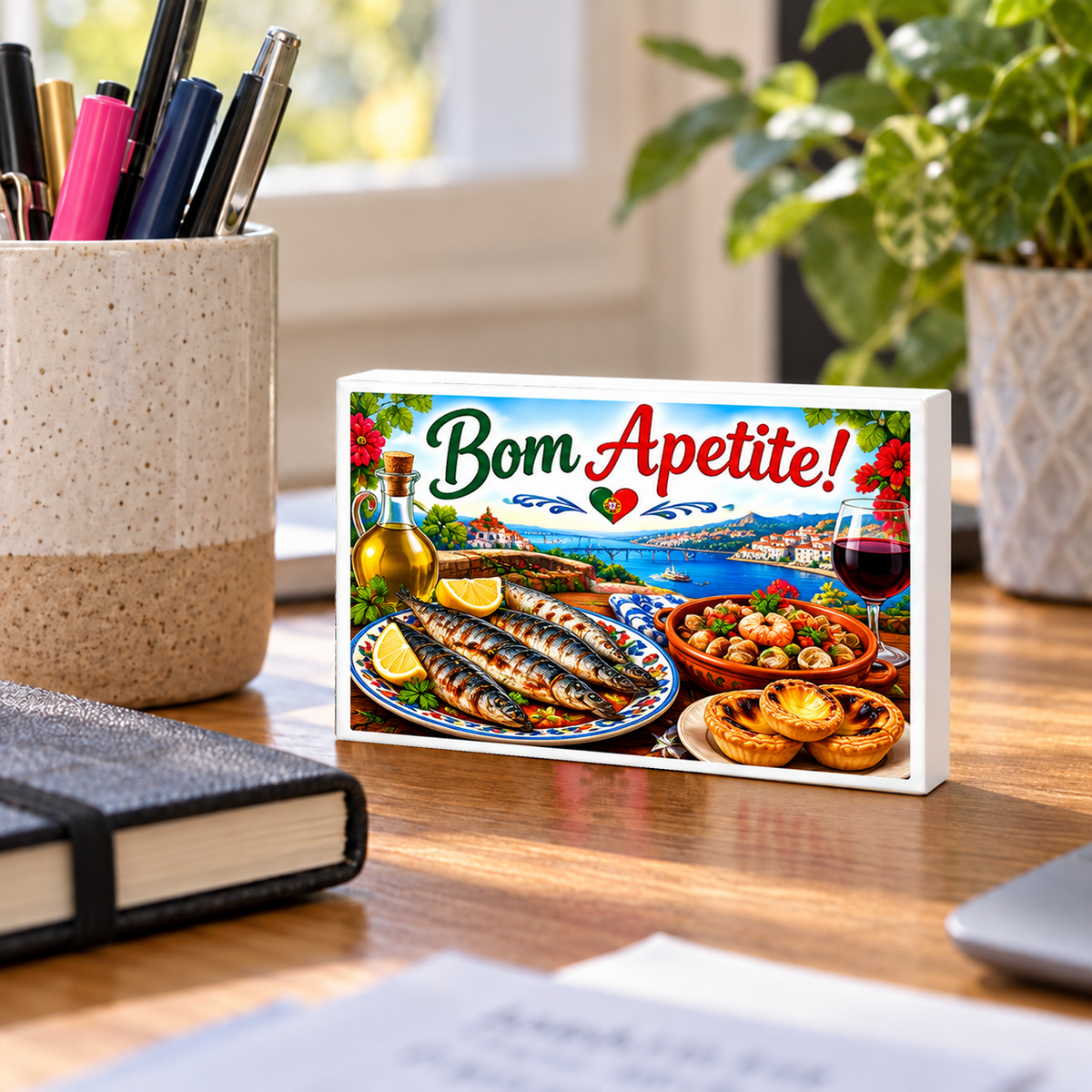 Portuguese Food – Bom Apetite! – Sardines & Pastéis de Nata mini sign standing on a desk with white PVC edges.