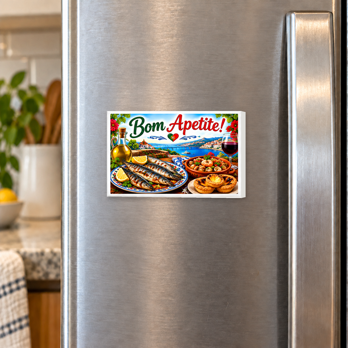 Portuguese Food – Bom Apetite! – Sardines & Pastéis de Nata rectangular magnet shown front-facing on a refrigerator.
