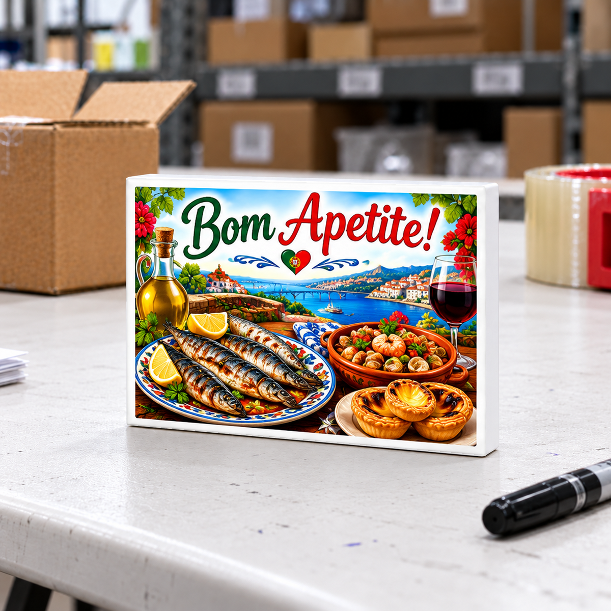 Portuguese Food – Bom Apetite! – Sardines & Pastéis de Nata magnet and mini sign on a white folding warehouse table.