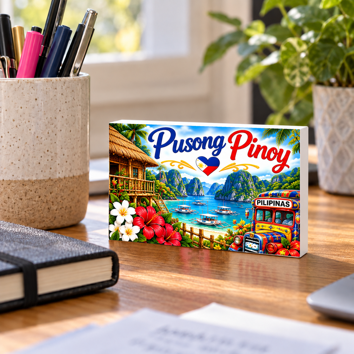 Pusong Pinoy Filipino Heritage rectangular mini sign standing on a desk with white PVC edges.