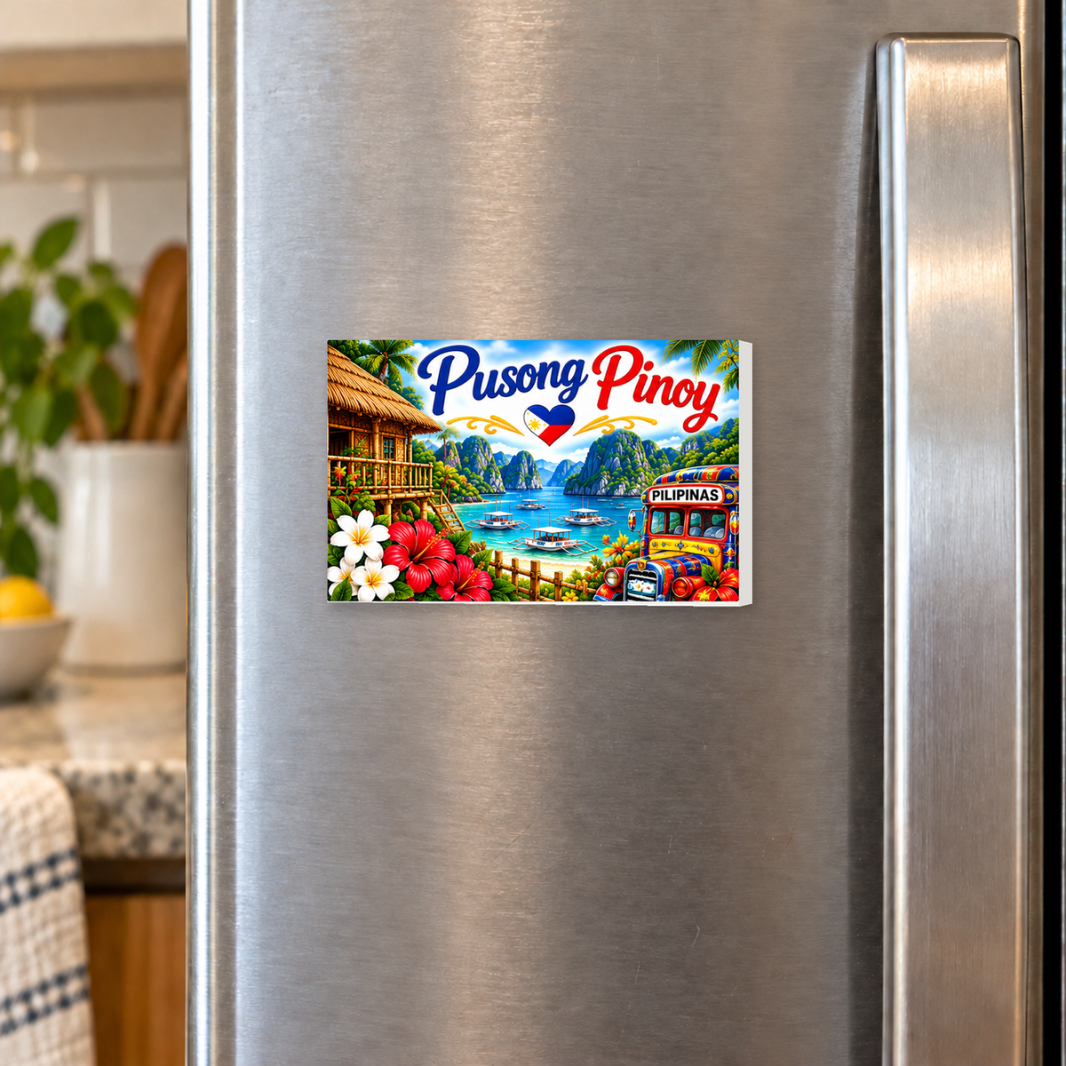 Pusong Pinoy Filipino Heritage rectangular magnet shown front-facing on a refrigerator.
