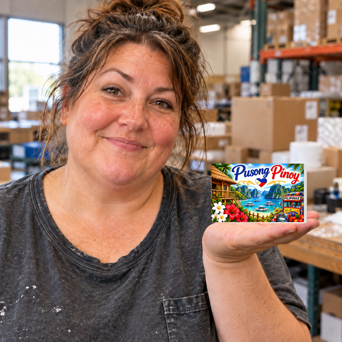Pusong Pinoy Filipino Heritage rectangular magnet held on an open palm in a warehouse setting.