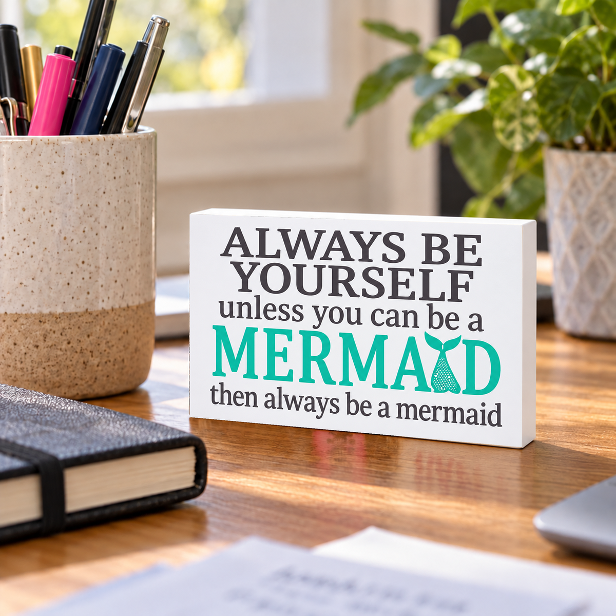 Always Be Yourself Unless You Can Be a Mermaid rectangular mini sign standing on a desk with white PVC edges.