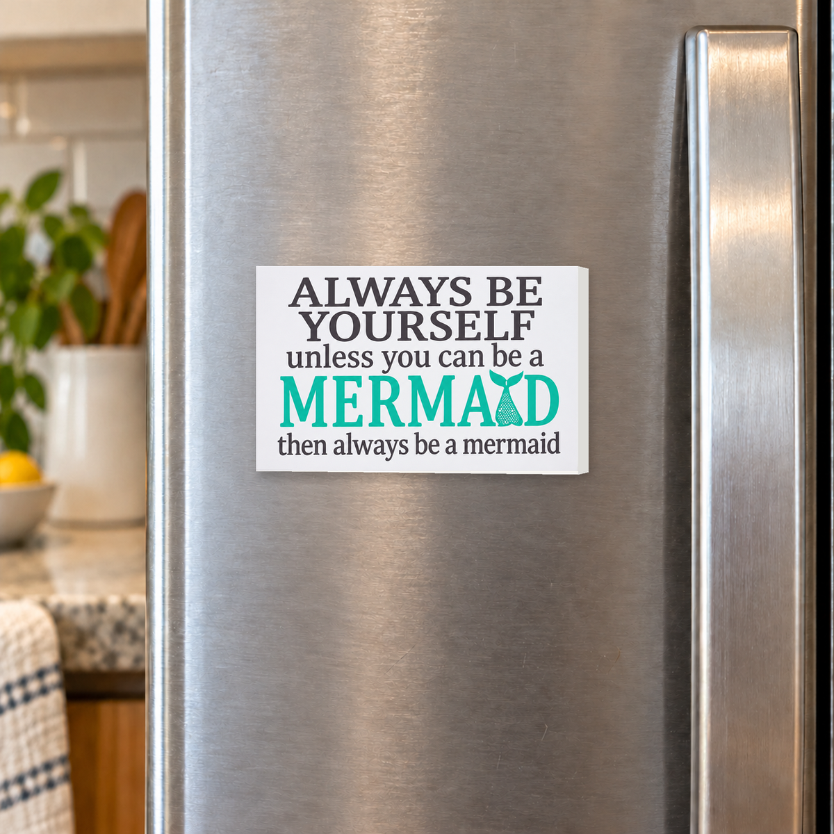 Always Be Yourself Unless You Can Be a Mermaid rectangular magnet shown front-facing on a refrigerator.