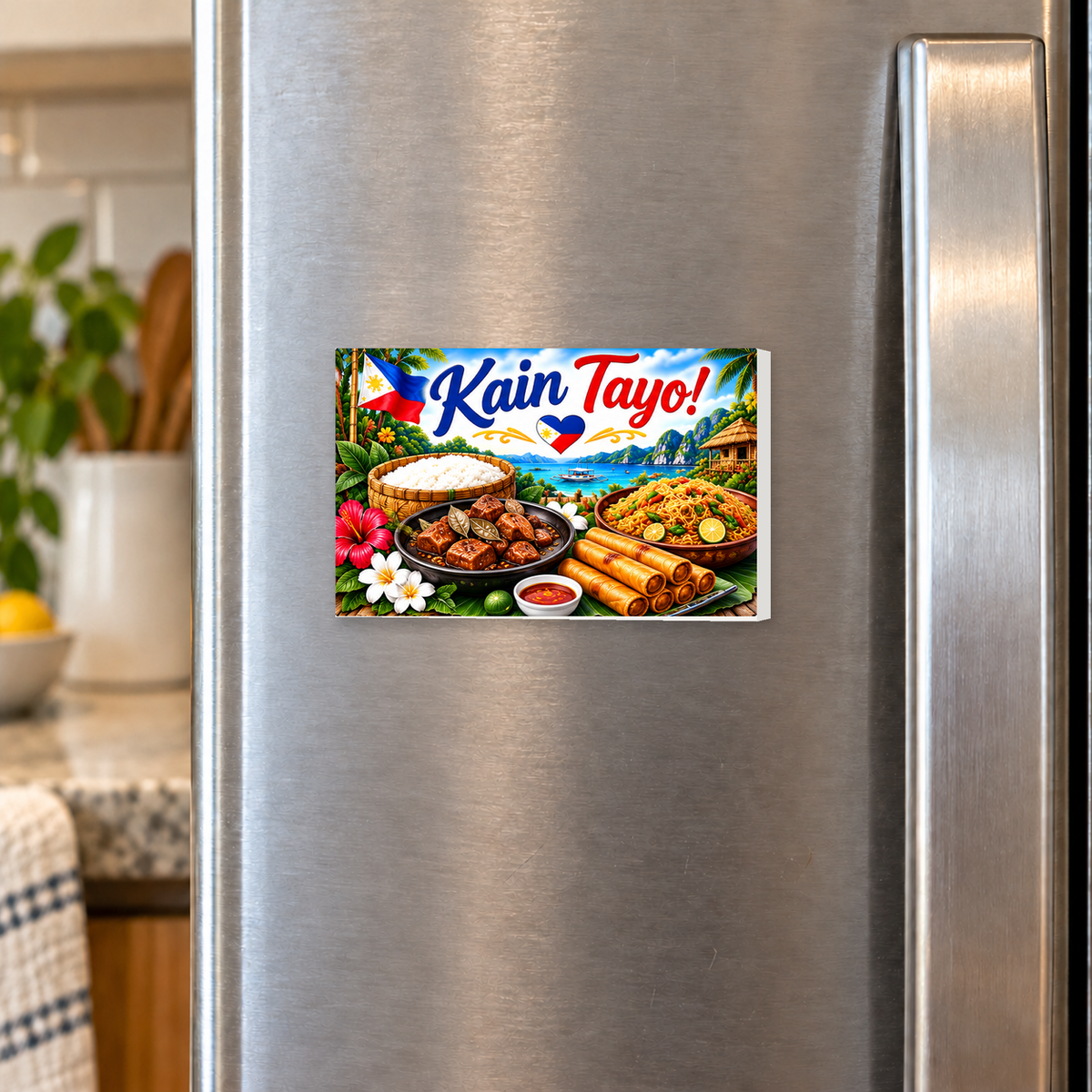 Kain Tayo Filipino Food rectangular magnet shown front-facing on a refrigerator.