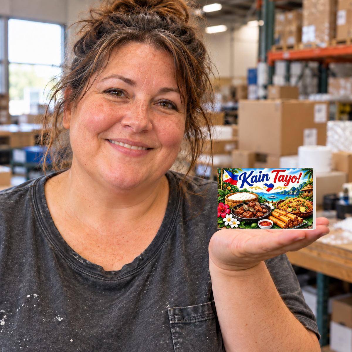 Kain Tayo! Filipino Food rectangular magnet held on an open palm in a warehouse setting.