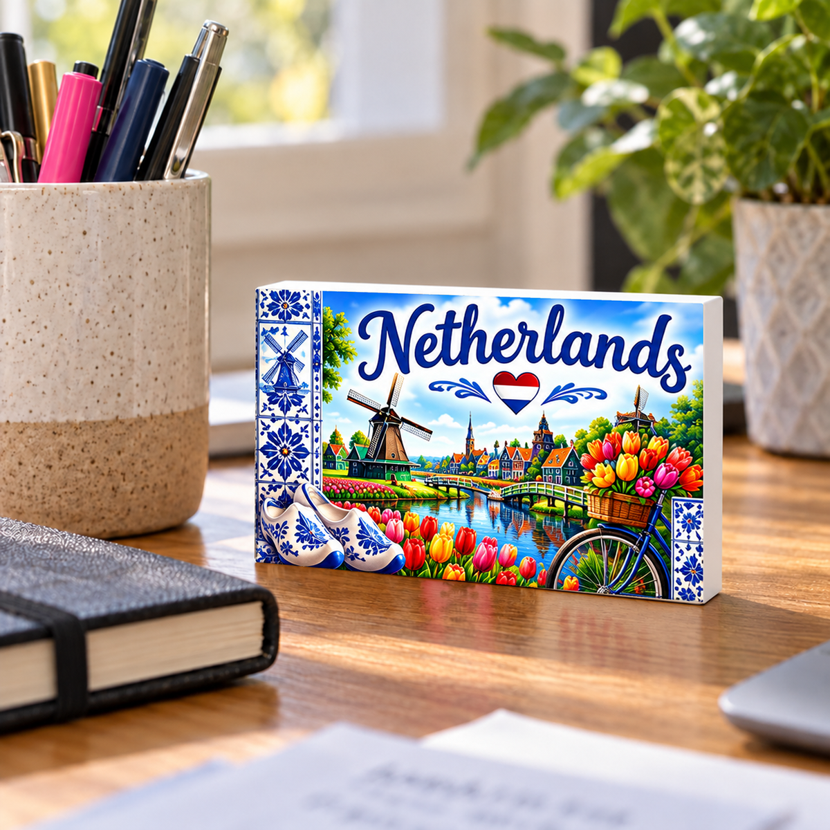 Netherlands Heritage rectangular mini sign standing on a desk with white PVC edges.