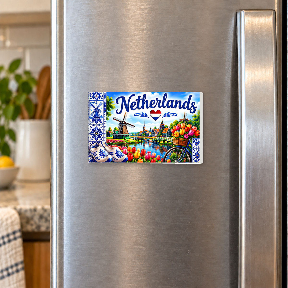 Netherlands Heritage rectangular magnet shown front-facing on a refrigerator.
