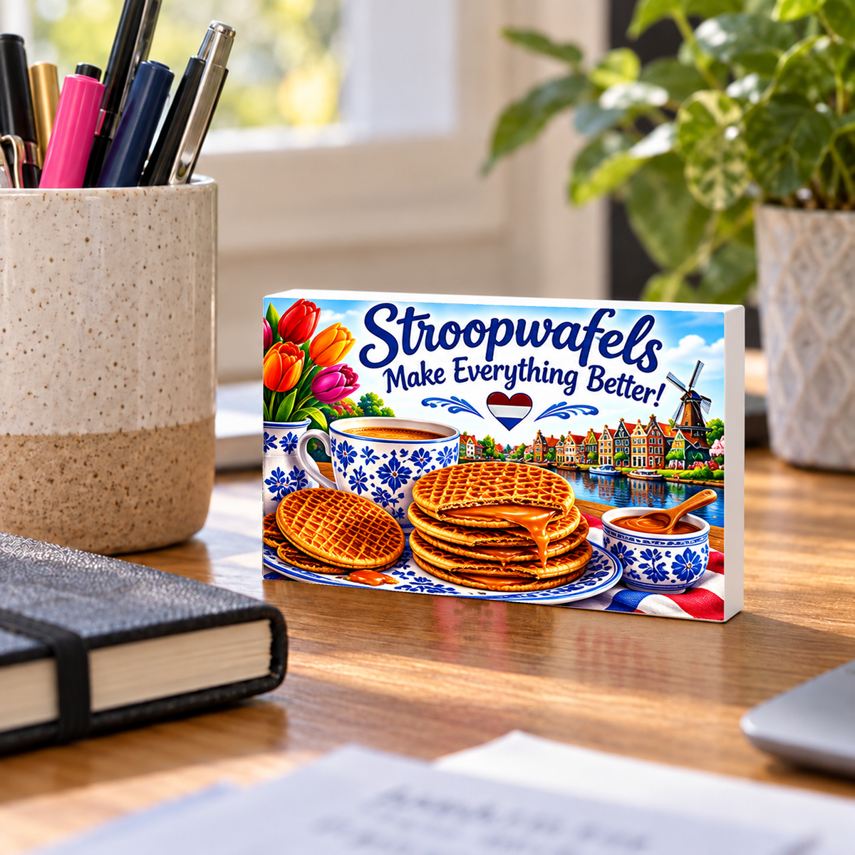 Stroopwafels Make Everything Better rectangular mini sign standing on a desk with white PVC edges.