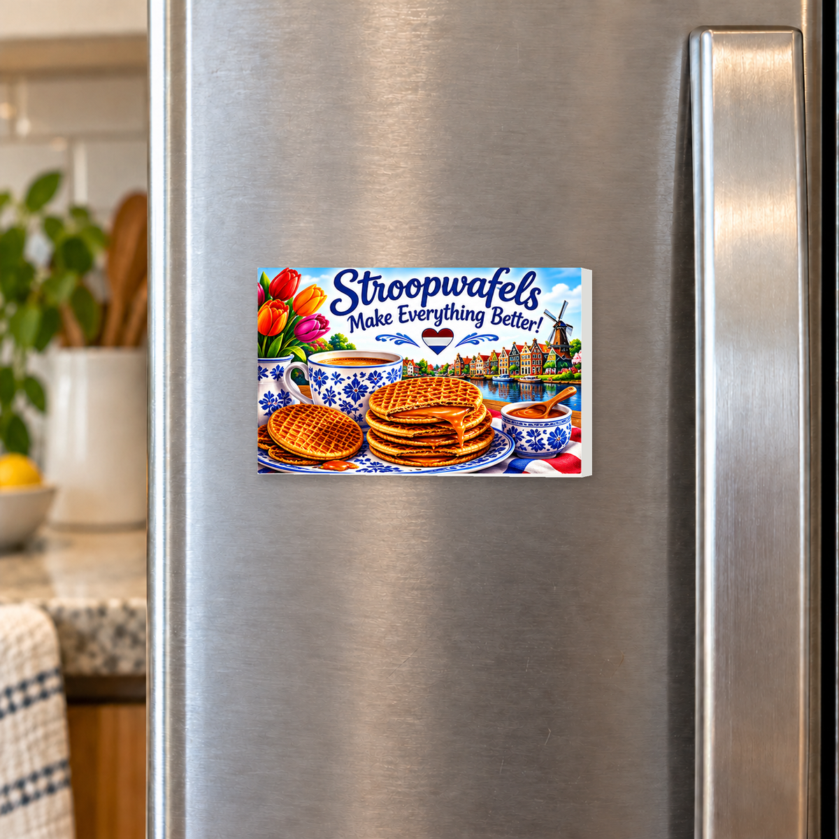 Stroopwafels Make Everything Better rectangular magnet shown front-facing on a refrigerator.