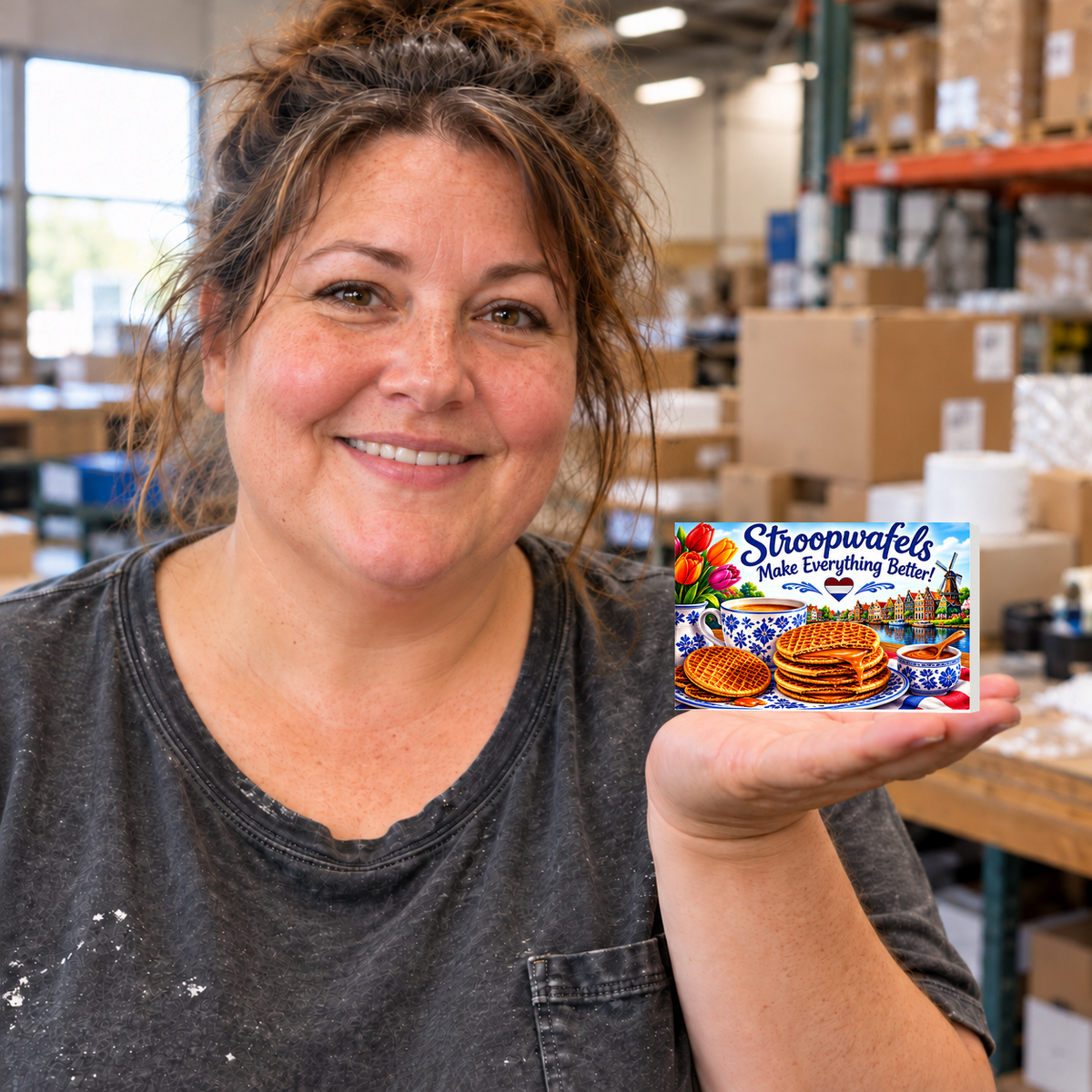 Stroopwafels Make Everything Better! – Dutch rectangular magnet held on an open palm in a warehouse setting.
