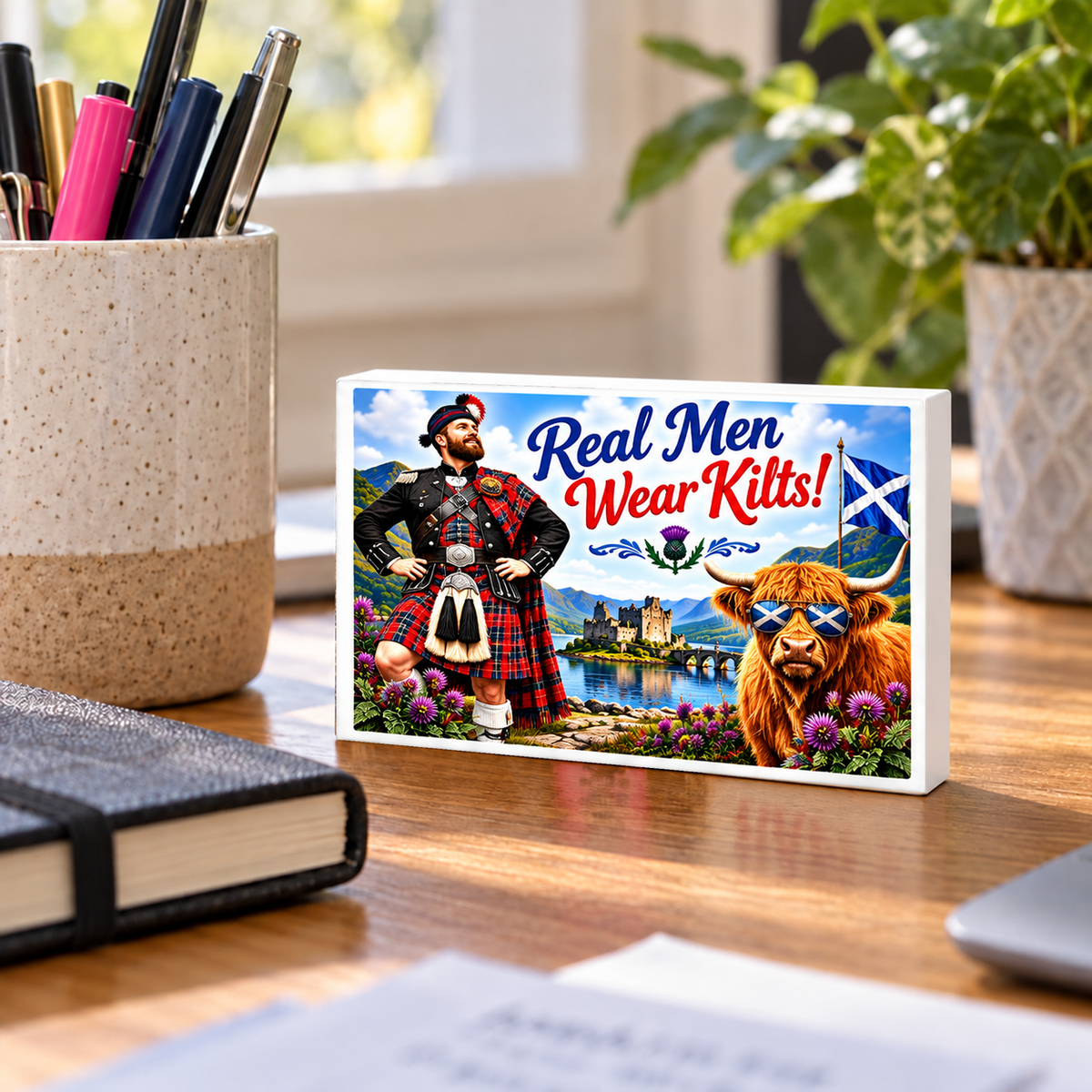 Scottish Fun – Real Men Wear Kilts! – Highland Cow mini sign standing on a desk with white PVC edges.
