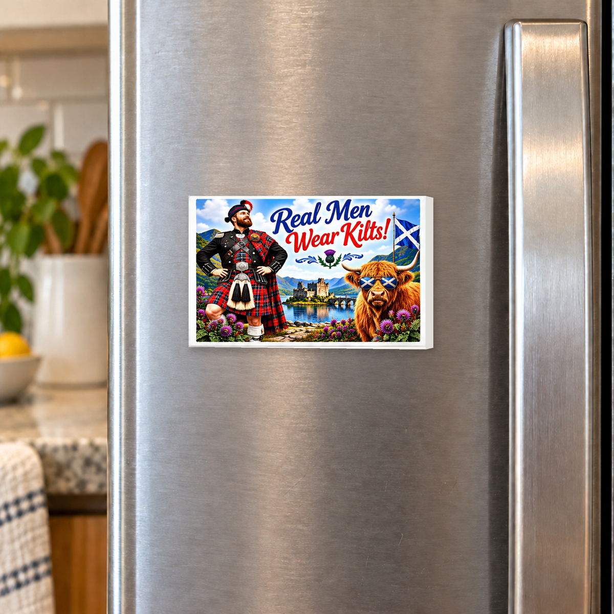 Scottish Fun – Real Men Wear Kilts! – Highland Cow rectangular magnet shown front-facing on a refrigerator.