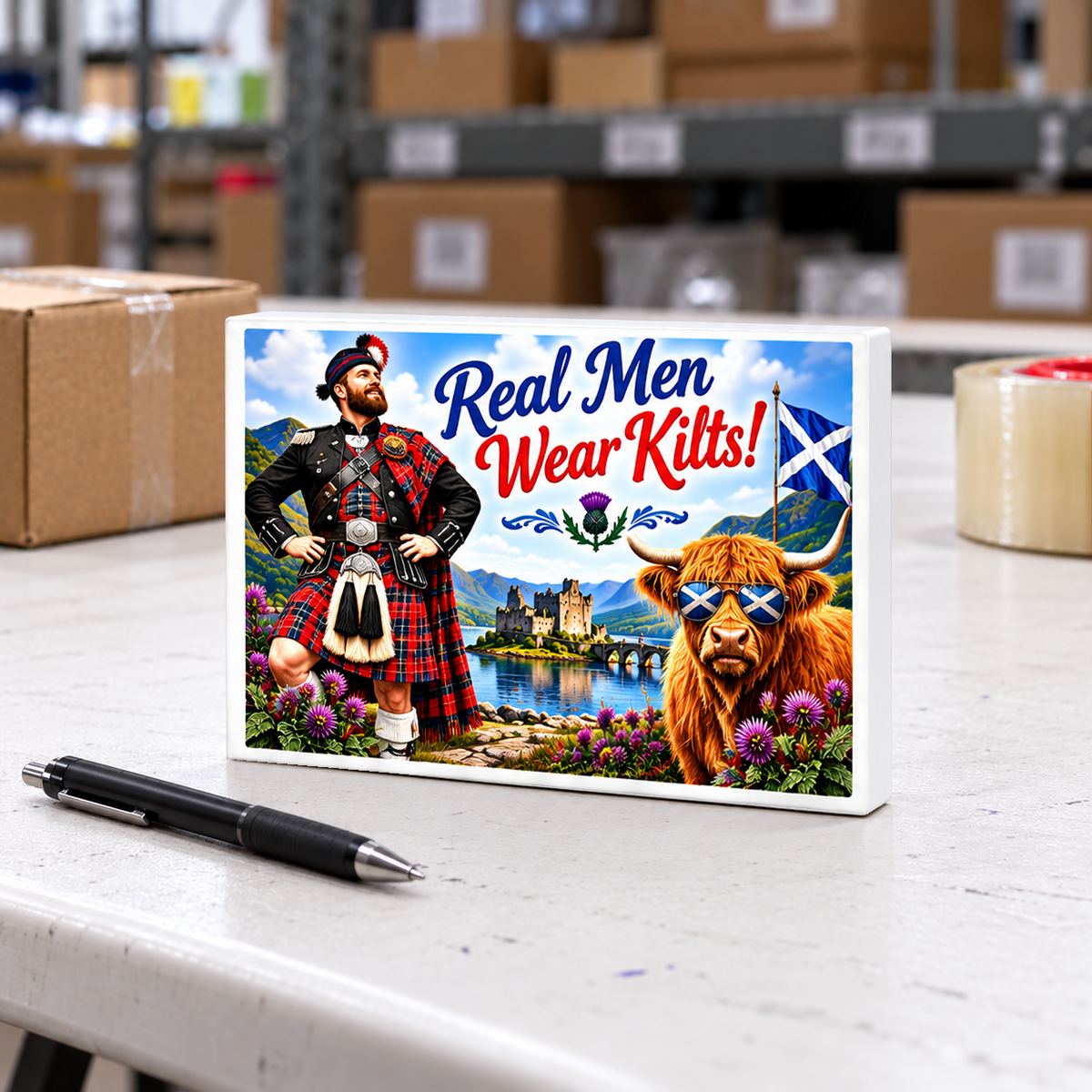 Scottish Fun – Real Men Wear Kilts! – Highland Cow magnet and mini sign on a white folding warehouse table.