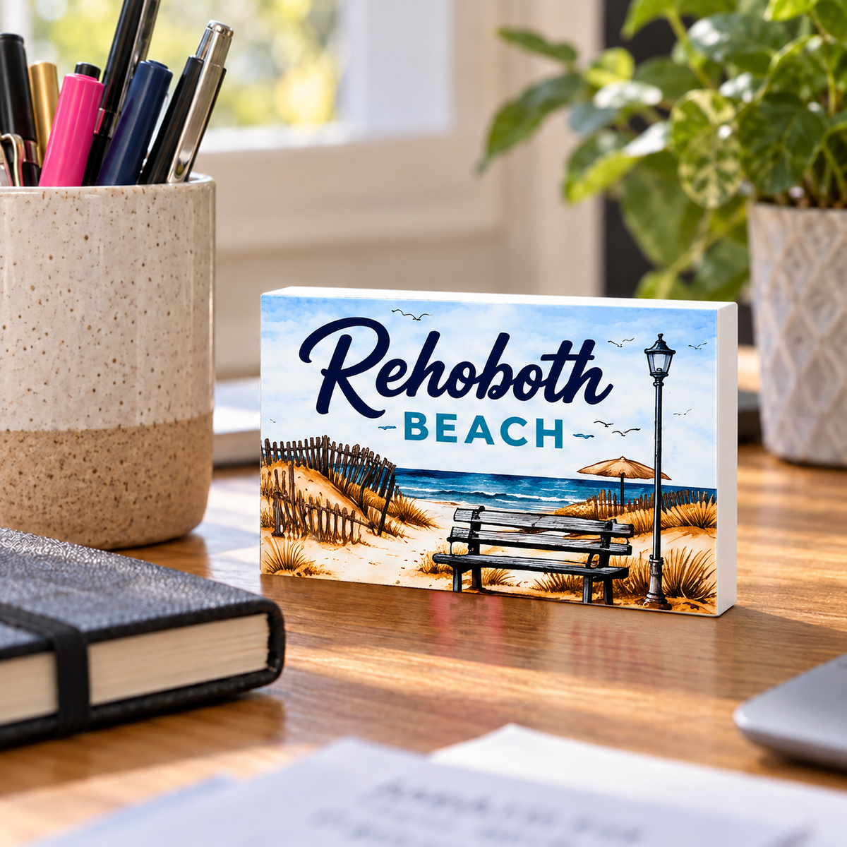 Rehoboth Beach mini sign standing on a desk with white PVC edges.