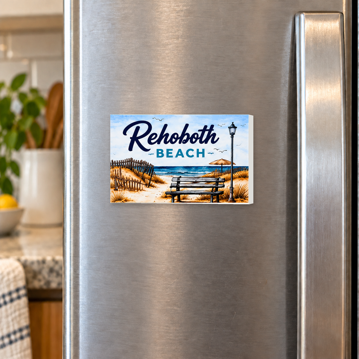Rehoboth Beach rectangular magnet shown front-facing on a refrigerator.