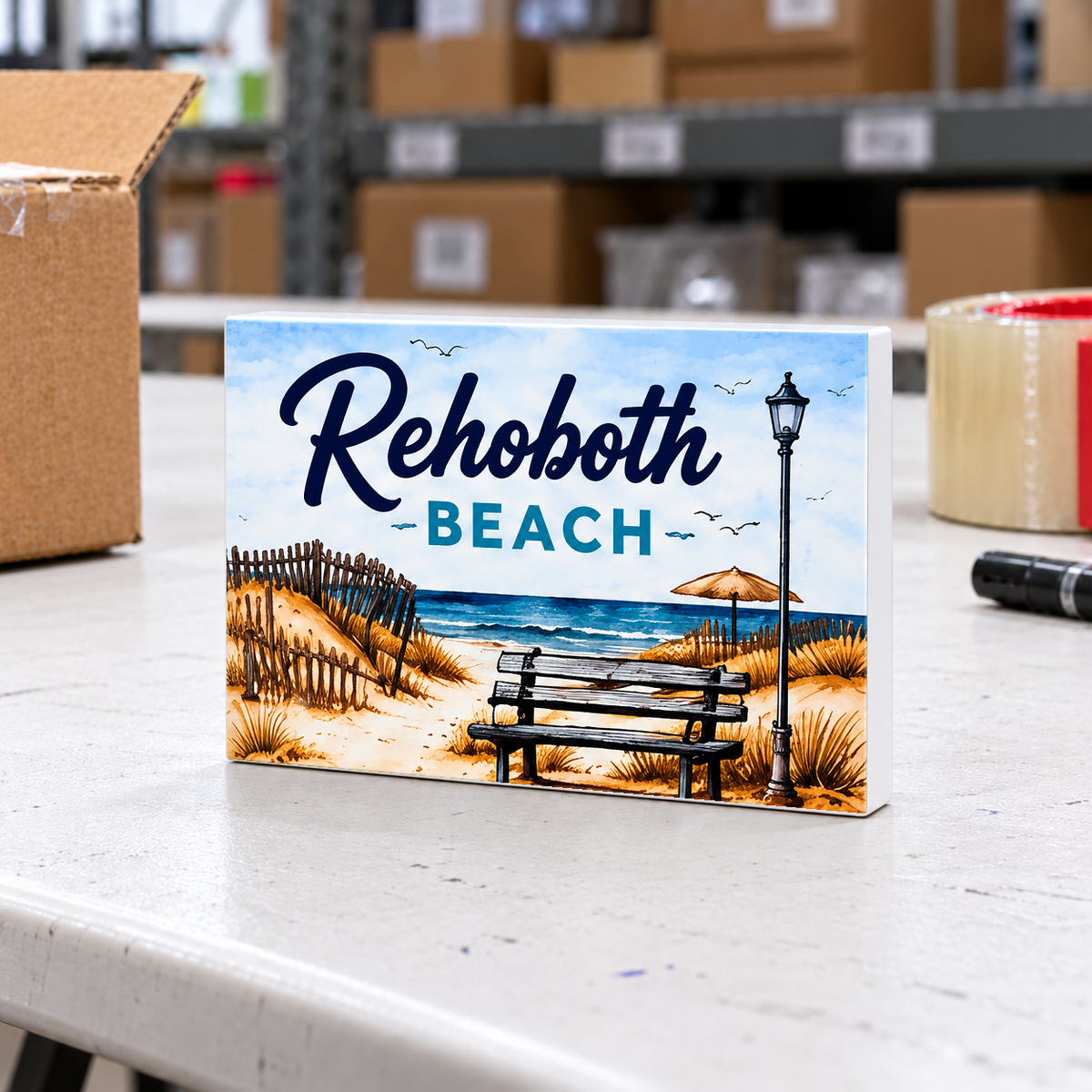 Rehoboth Beach magnet and mini sign on a white folding warehouse table.