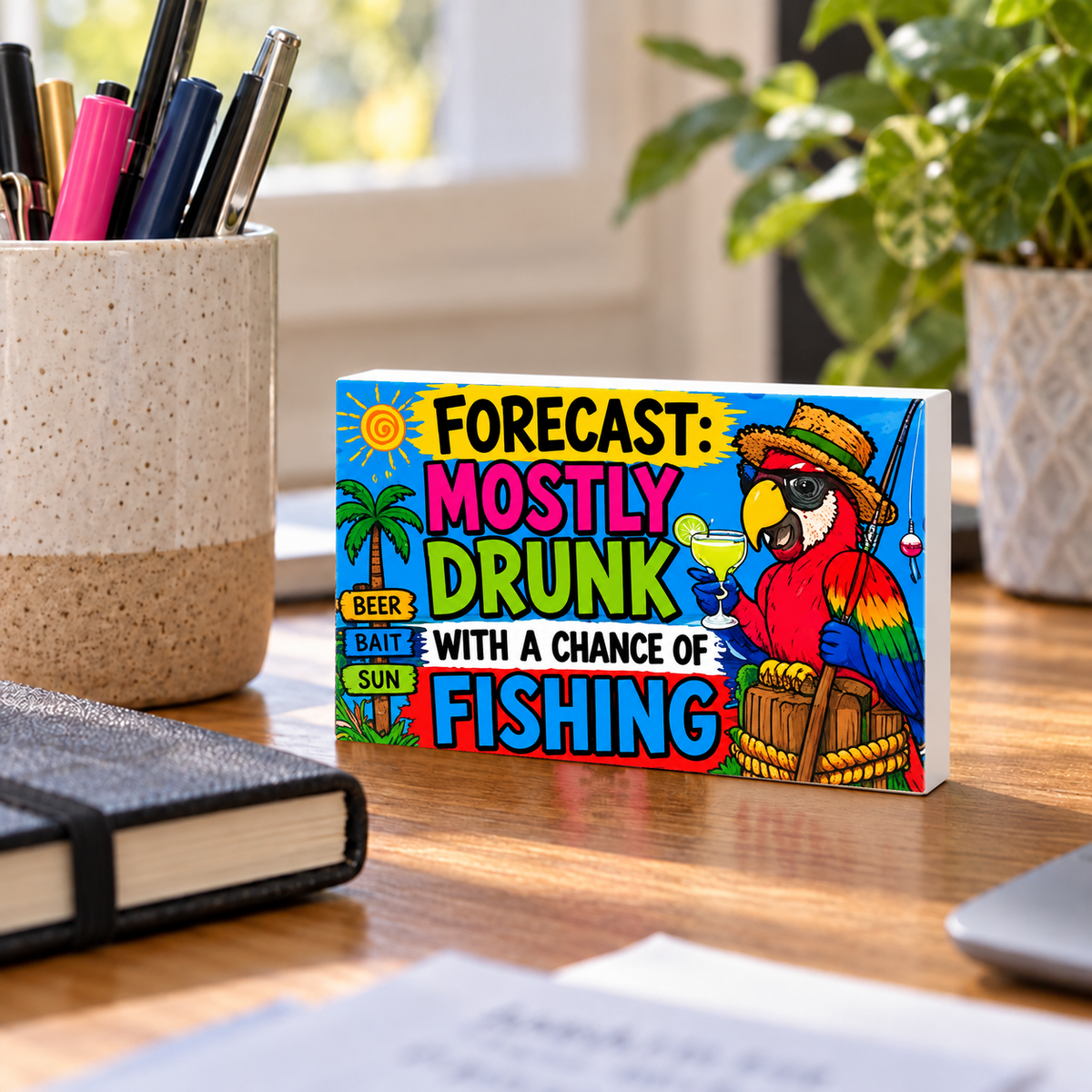 Forecast Mostly Drunk With a Chance of Fishing rectangular mini sign standing on a desk with white PVC edges.