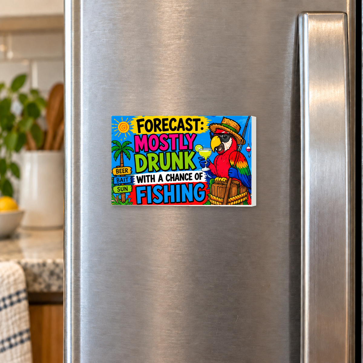 Forecast Mostly Drunk With a Chance of Fishing rectangular magnet shown front-facing on a refrigerator.