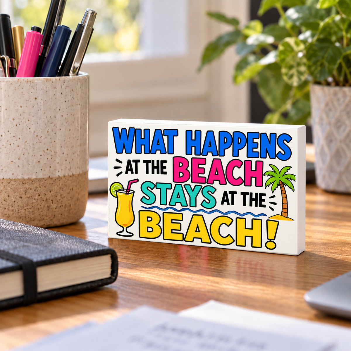 What Happens at the Beach Stays at the Beach mini sign standing on a desk with white PVC edges.