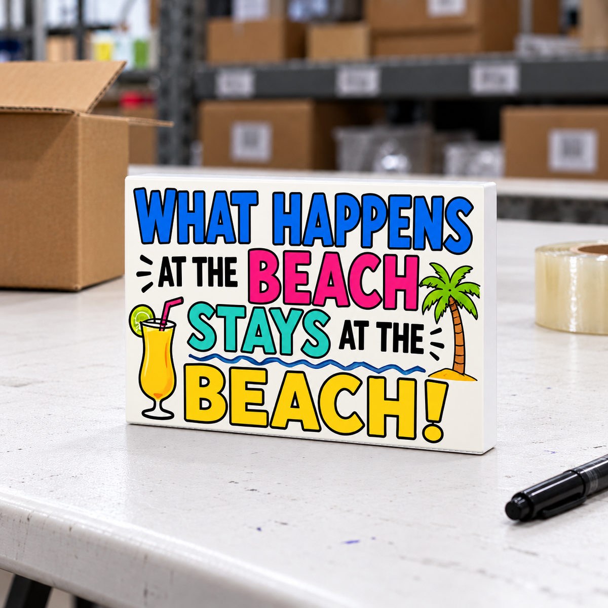What Happens at the Beach Stays at the Beach magnet and mini sign on a white folding warehouse table.