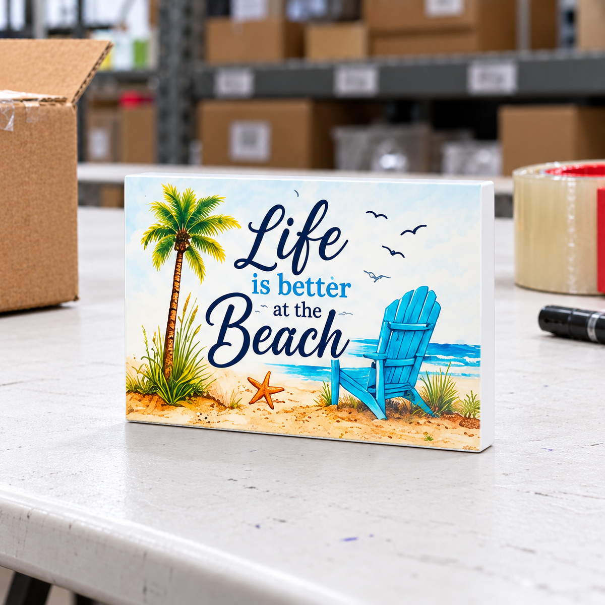Life Is Better at the Beach magnet and mini sign on a white folding warehouse table.