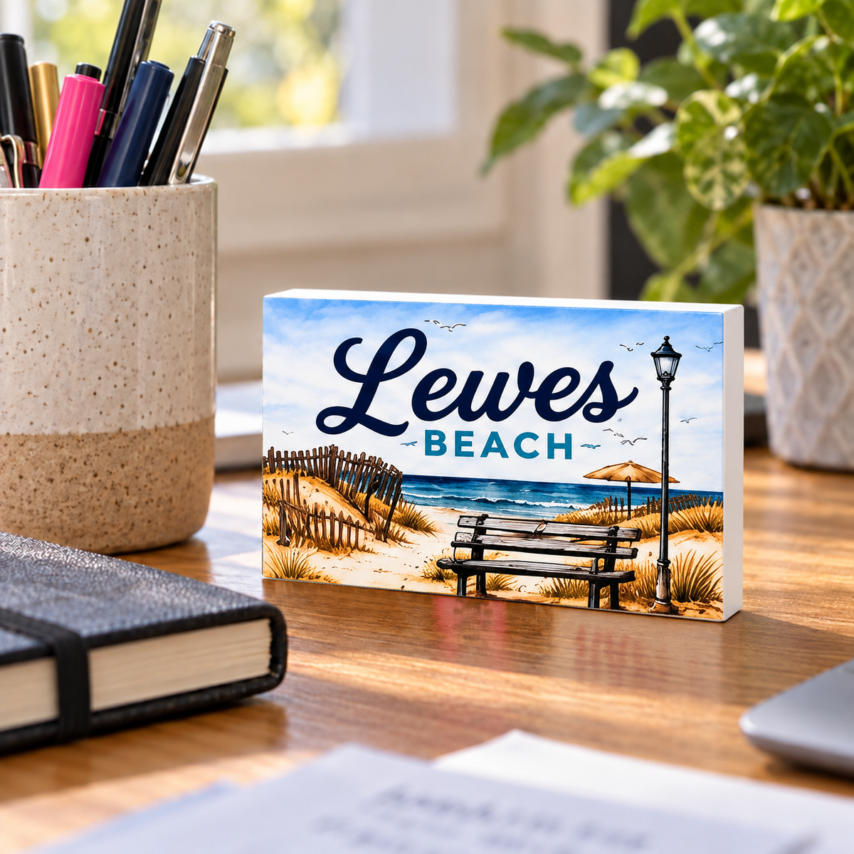 Lewes Beach mini sign standing on a desk with white PVC edges.