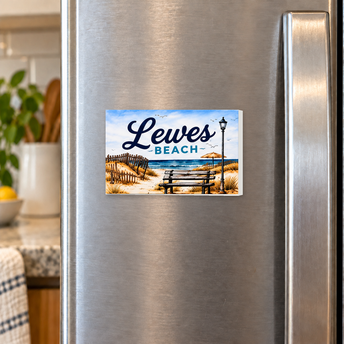 Lewes Beach rectangular magnet shown front-facing on a refrigerator.