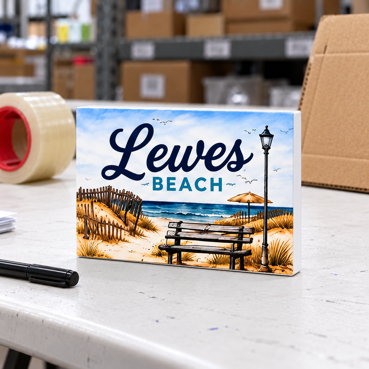 Lewes Beach magnet and mini sign on a white folding warehouse table.