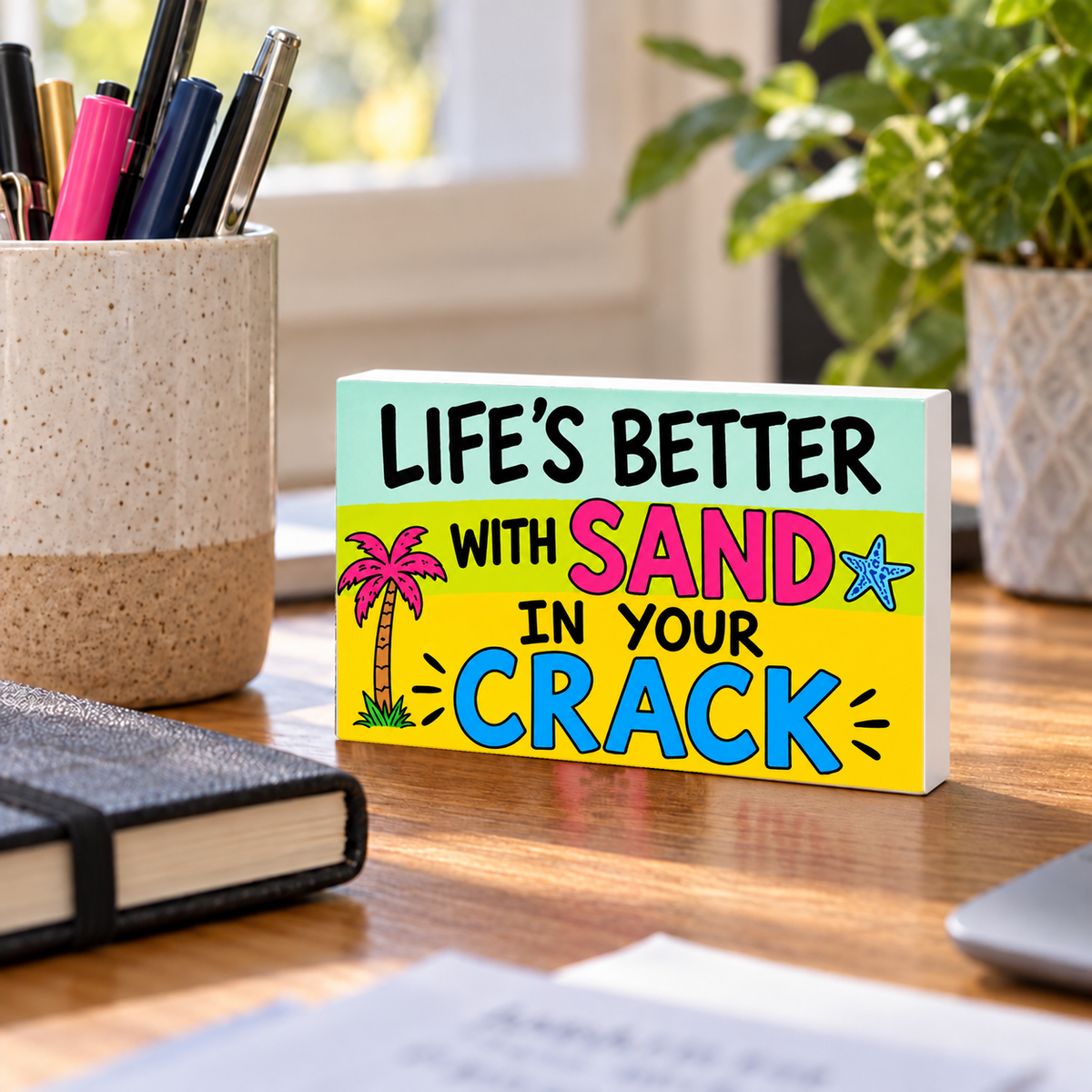 Life’s Better With Sand in Your Crack mini sign standing on a desk with white PVC edges.