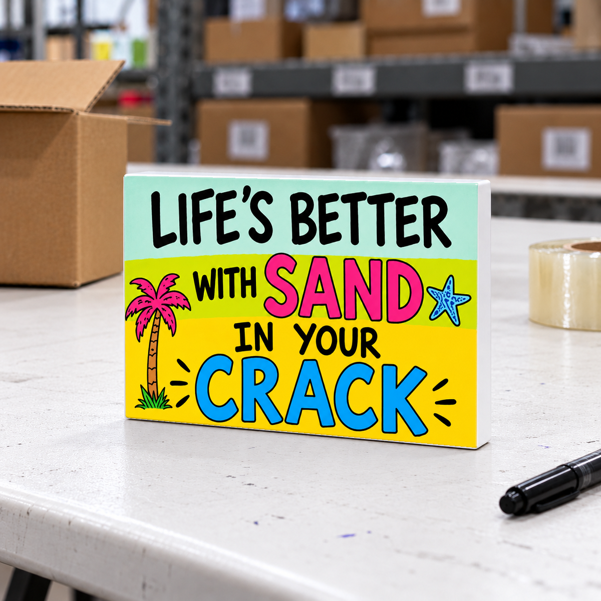 Life’s Better With Sand in Your Crack magnet and mini sign on a white folding warehouse table.