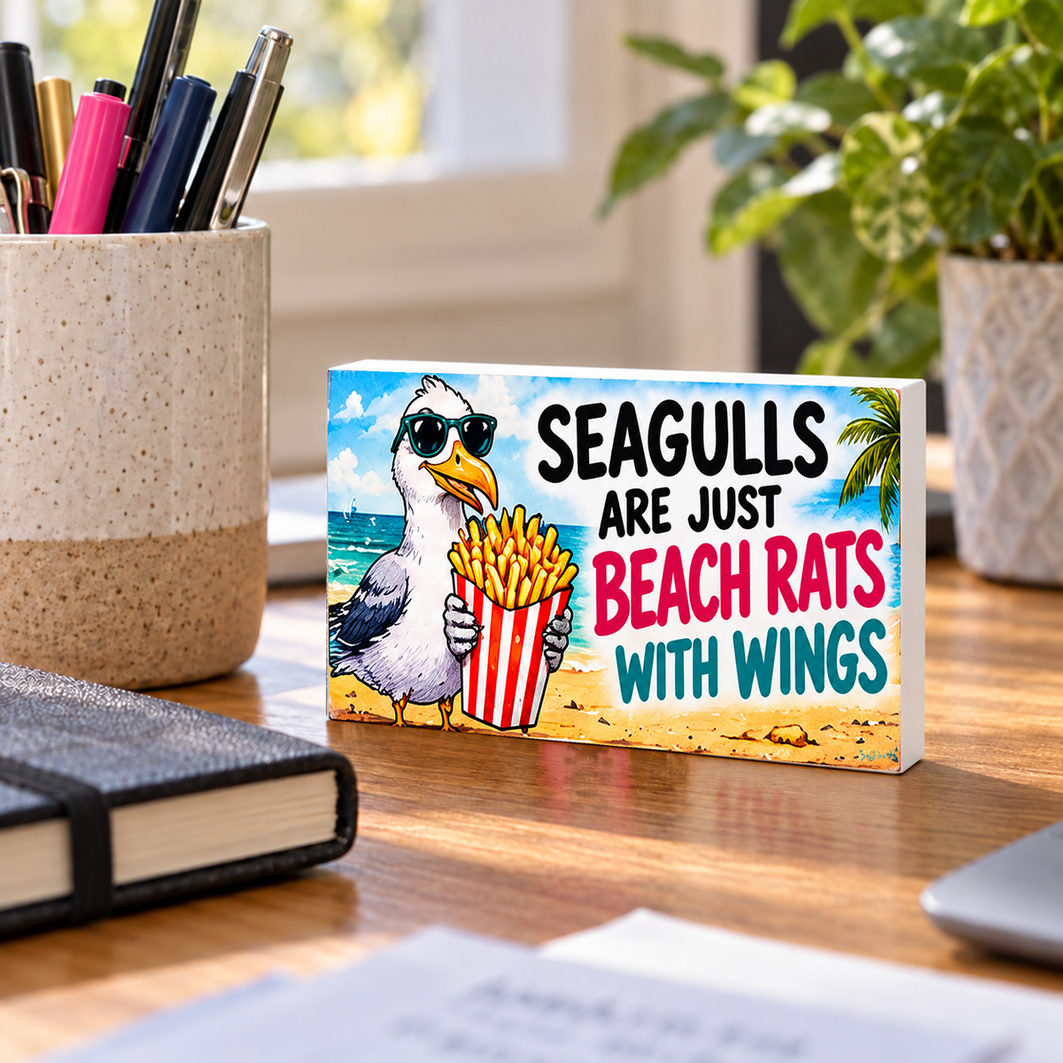 Seagulls Are Just Beach Rats With Wings mini sign standing on a desk with white PVC edges.