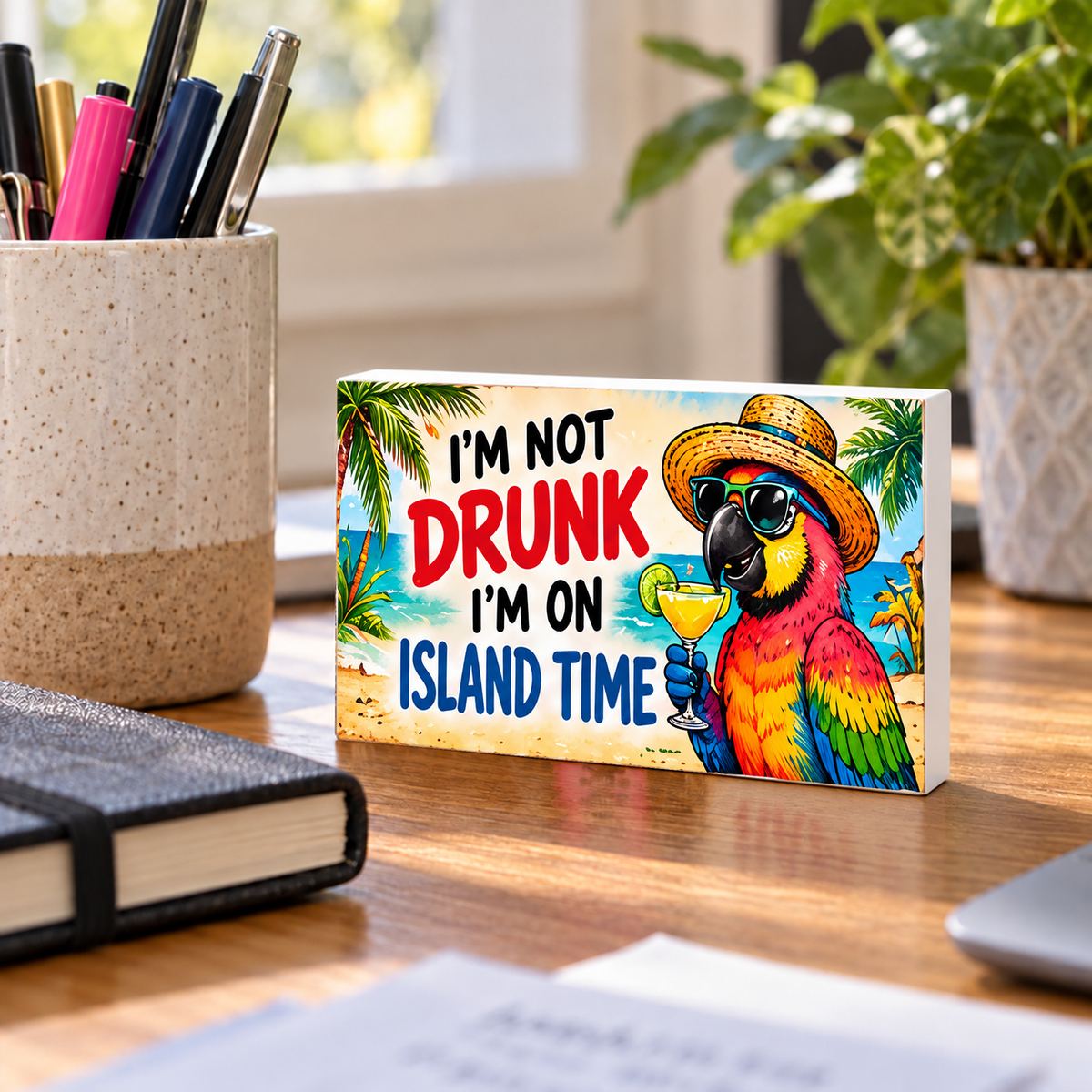 I'm Not Drunk, I'm on Island Time mini sign standing on a desk with white PVC edges.