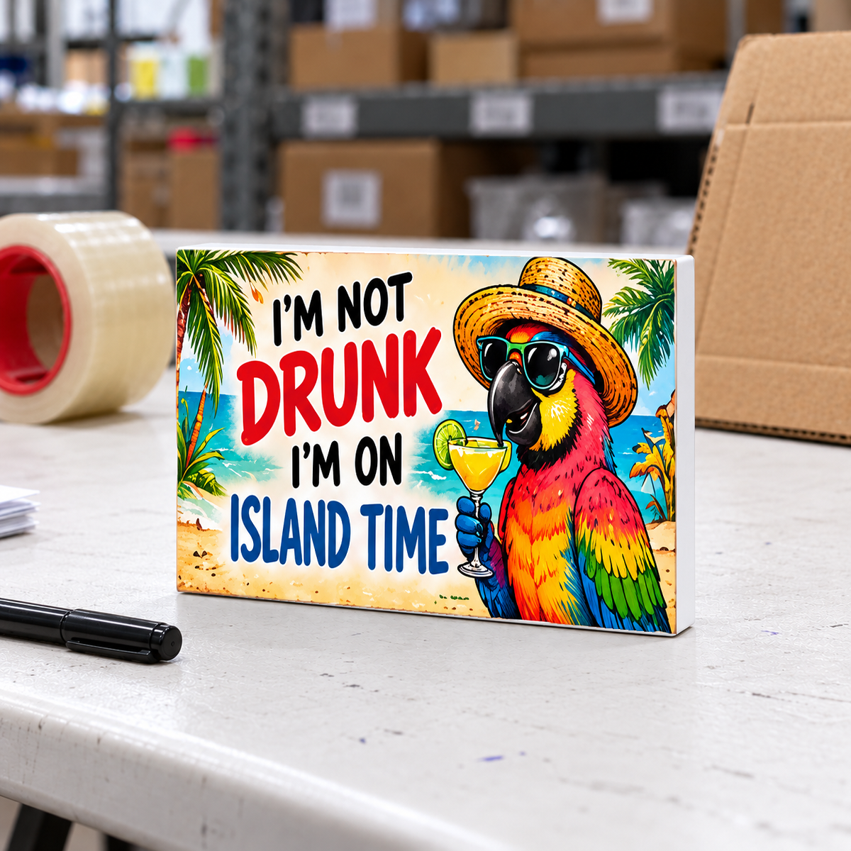 I'm Not Drunk, I'm on Island Time magnet and mini sign on a white folding warehouse table.